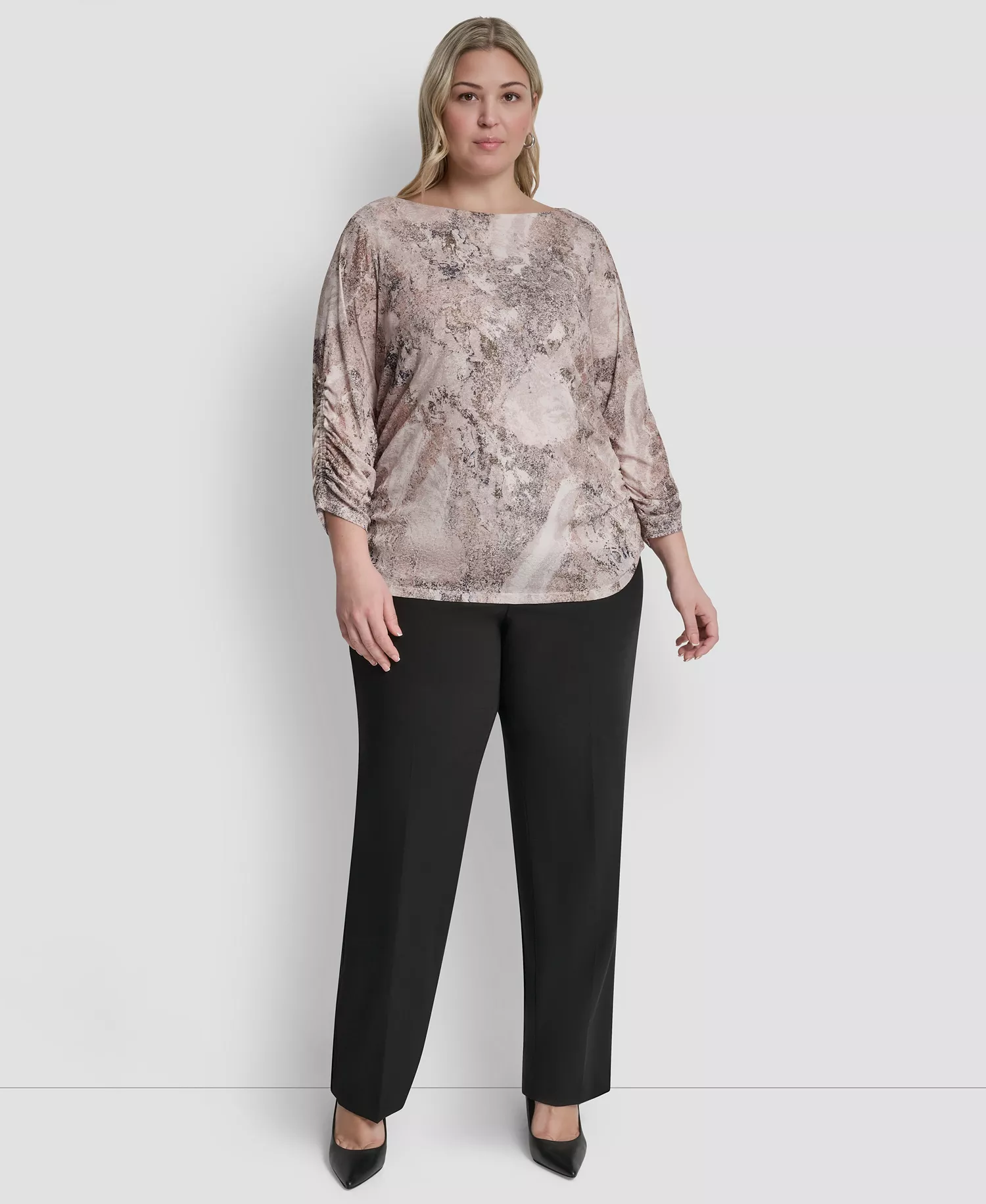 Plus Size Boat Neck Long-Sleeve Top - Coconut/Travertine Multi - 1X