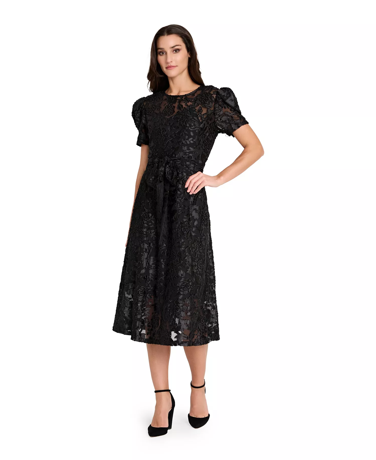 Women's Puff Short-Sleeve Burnout Dress - Black - 10