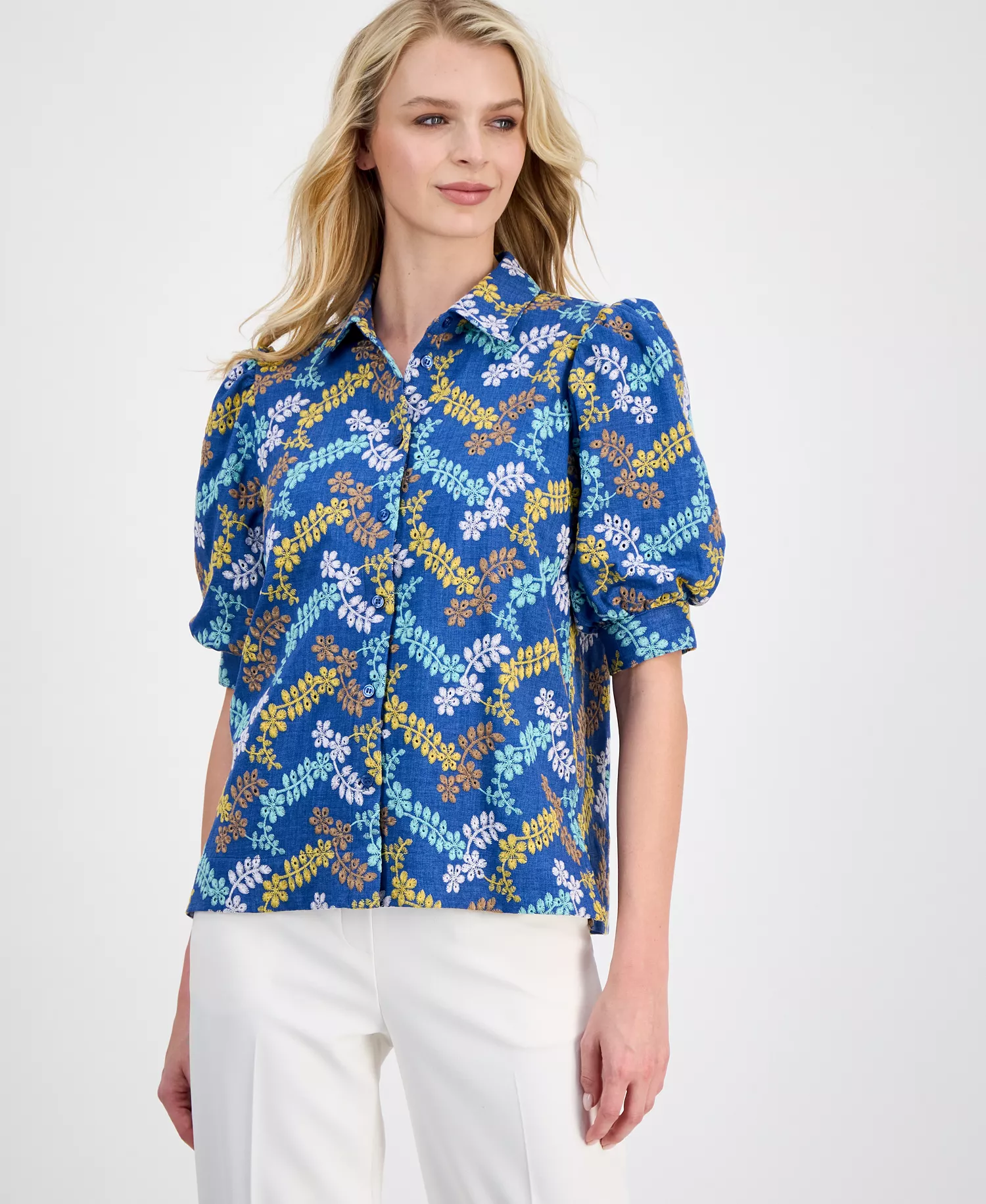 Women's Embroidered Puff-Sleeve Button-Front Blouse - Denim Multi - L