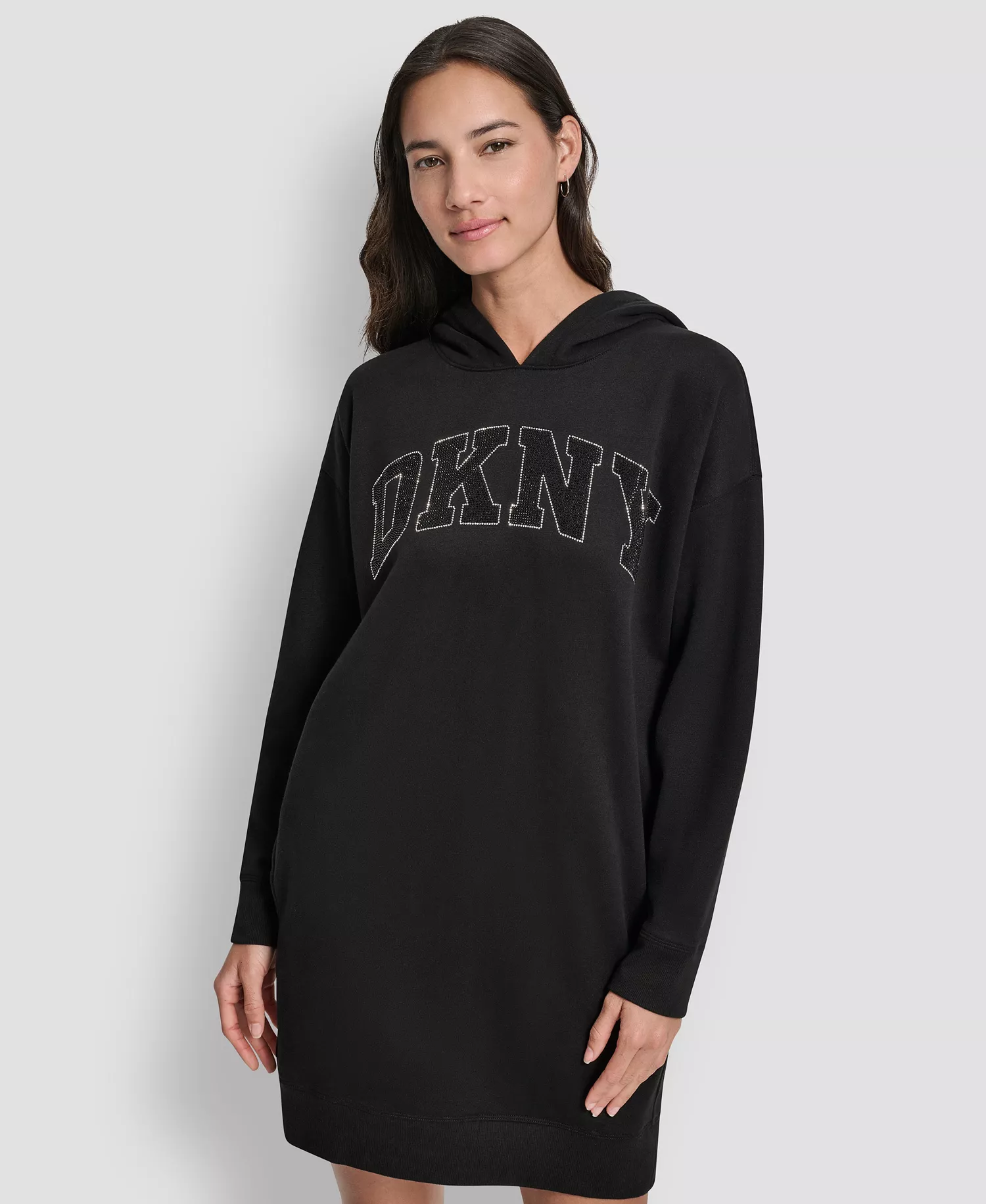Women's Exploded Rhinestone Varsity Logo Hoodie Sneaker Dress - Black - M