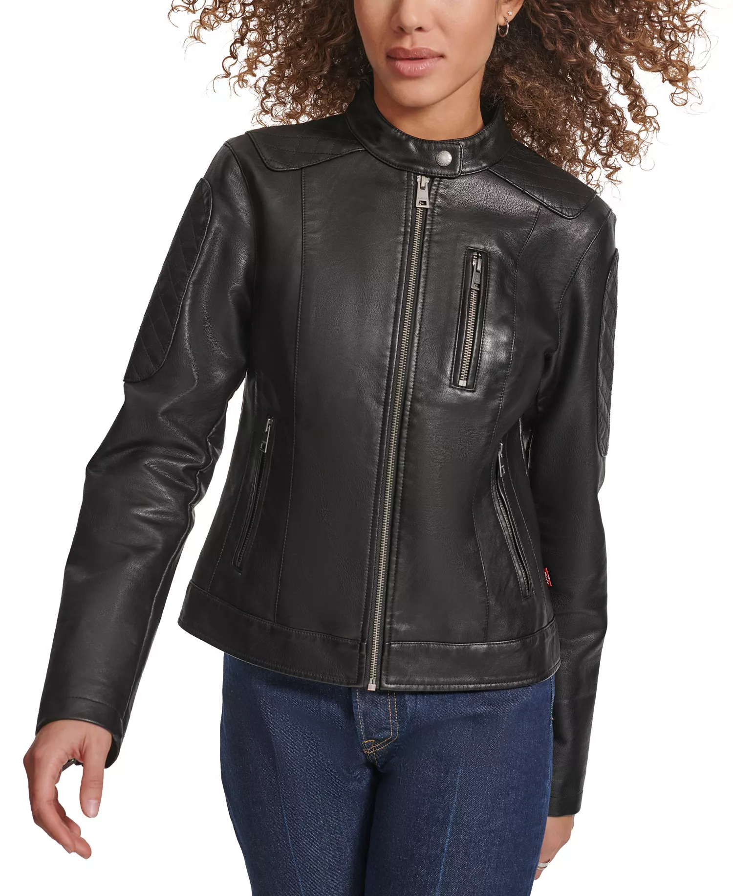 Women's Faux Leather Biker Jacket - Black - L