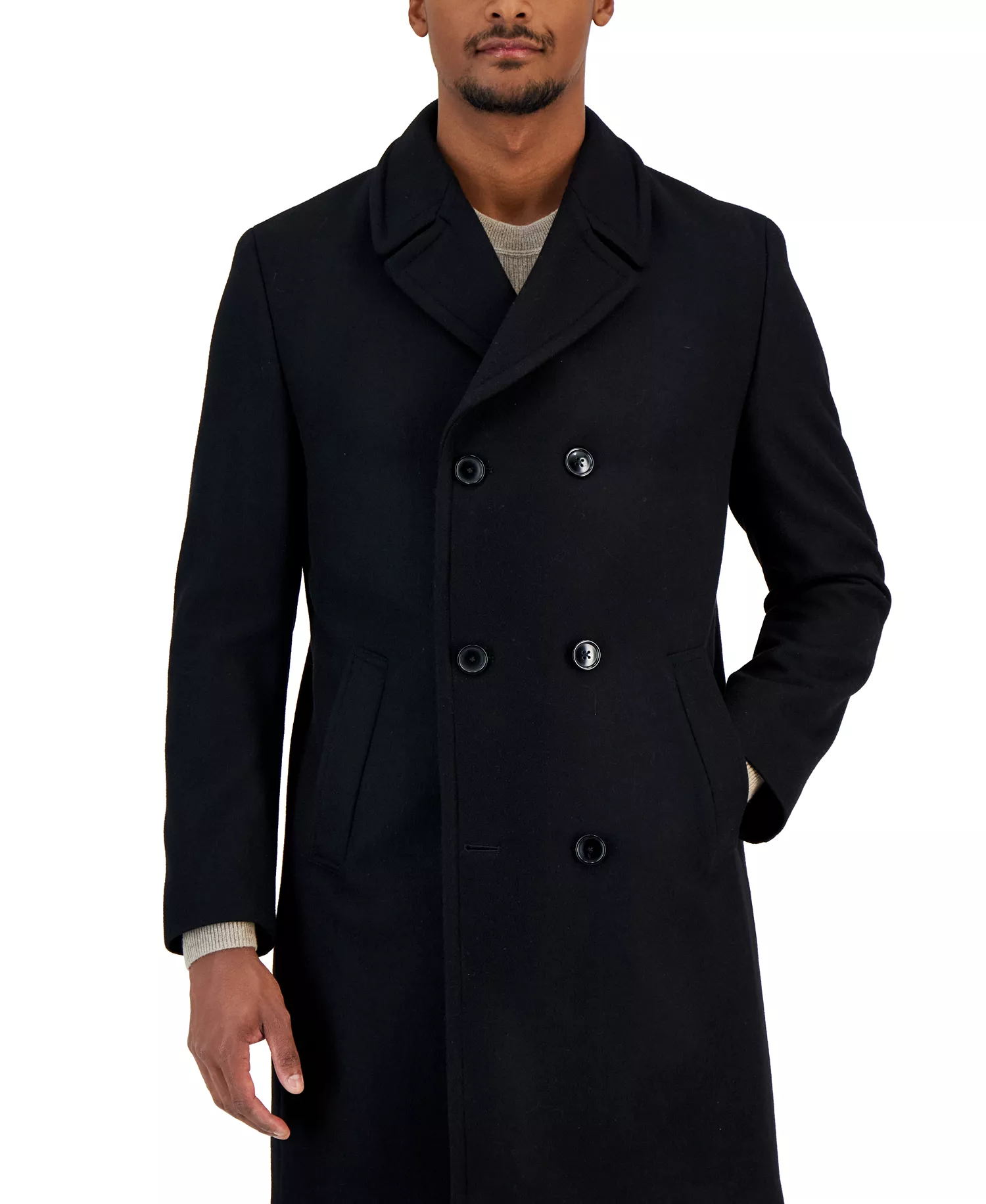 Men's Classic-Fit Double Breasted Wool Overcoat - Black - 40R