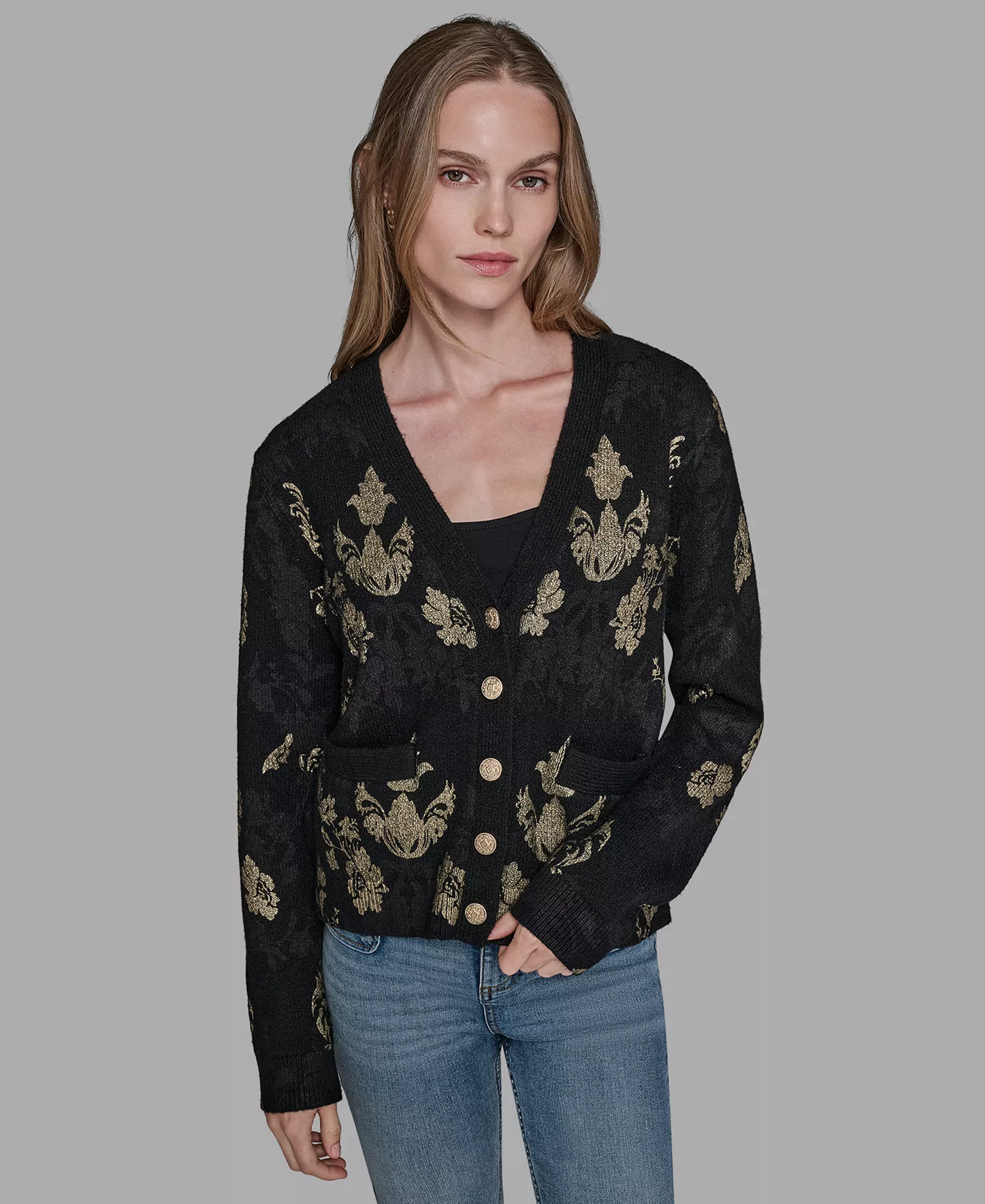 Women's Foil Floral Print Sweater - Black - XS