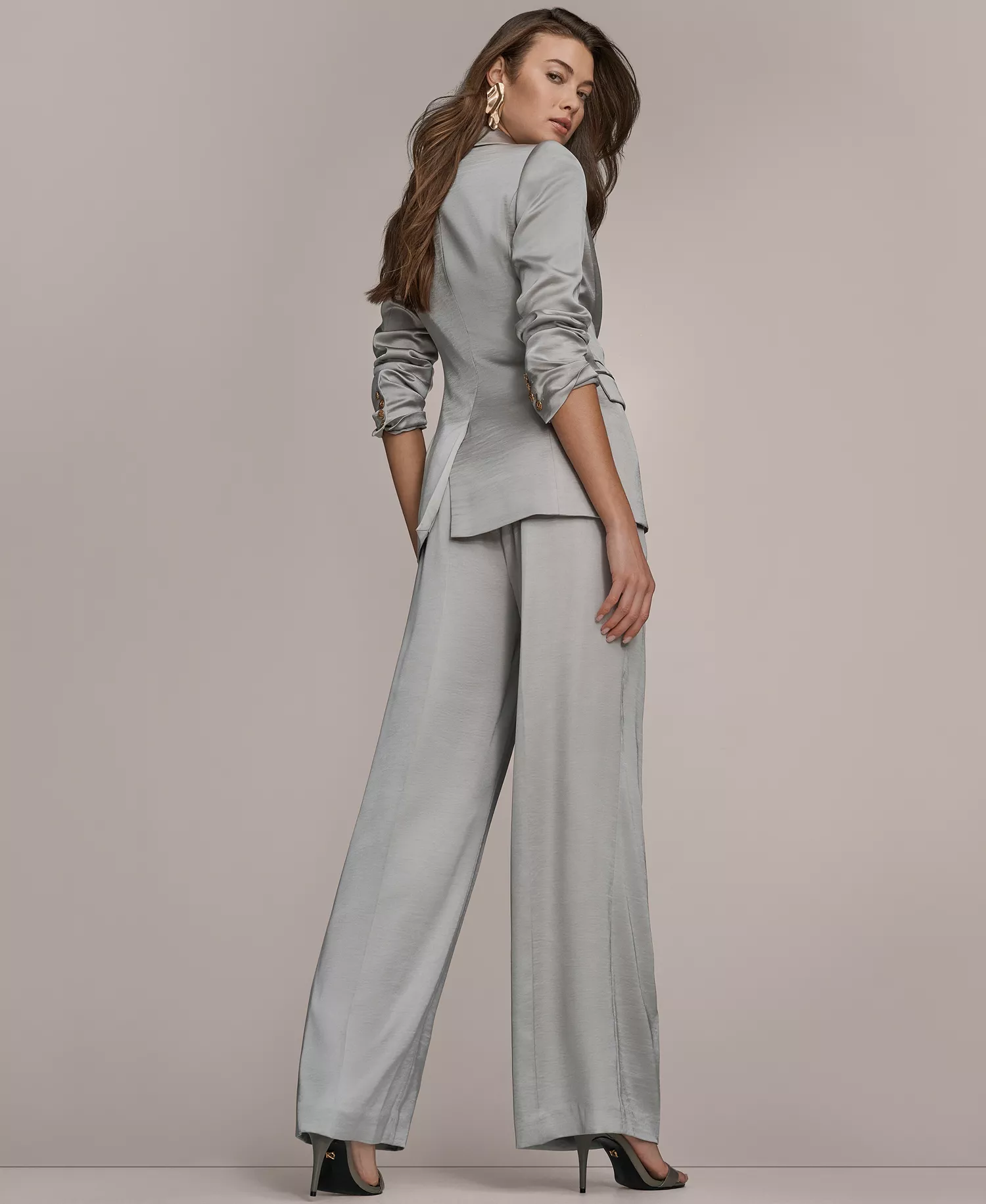 Women's Notch Lapel Collar Blazer, Sequin Detail Cowl Neck Camisole and Wide-Leg Mid-Rise Pants - Vapor - 0