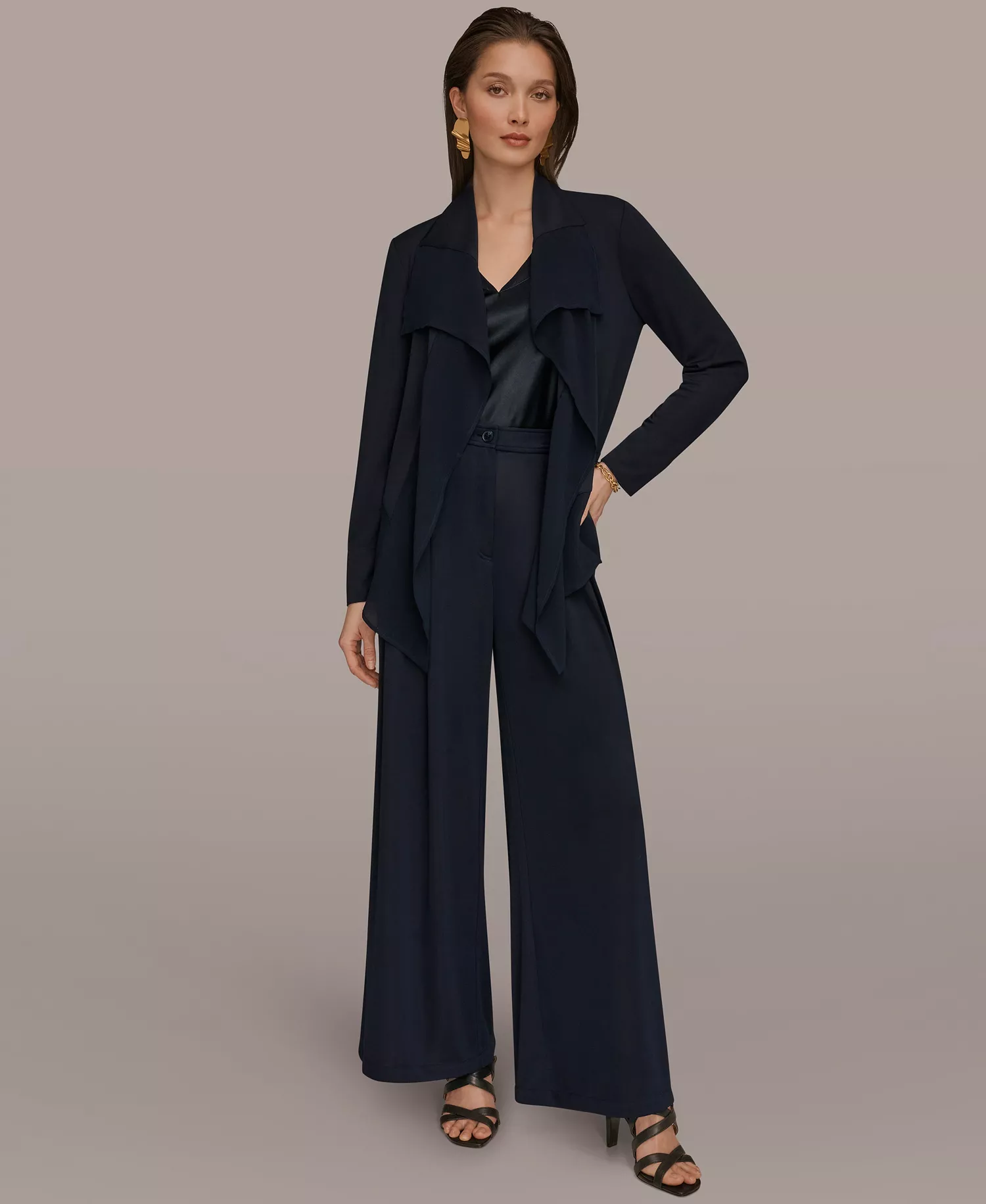 Women's Mixed Media Collared Neck Jacket and Pleated Zip-Fly Pants - Nightfall - L