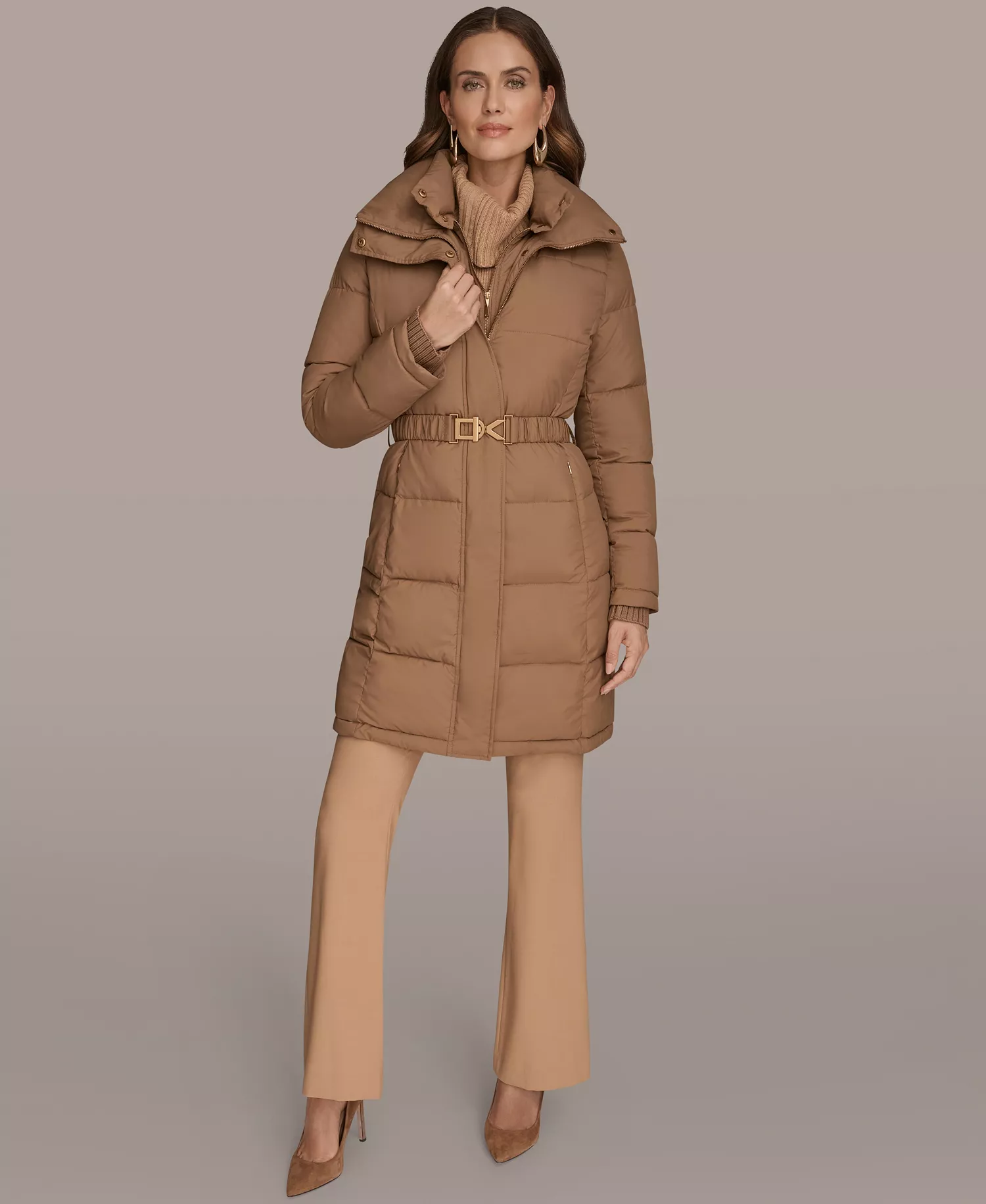 Women's Belted Bibbed Puffer Coat - Antiq gold - L