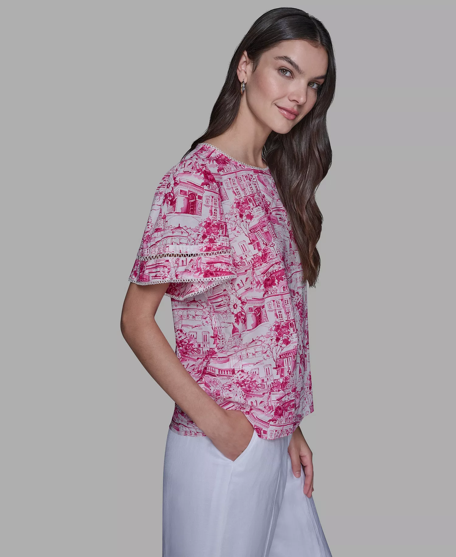 Women's Printed Trim Detail Top - Rouge/Olive Multi - L