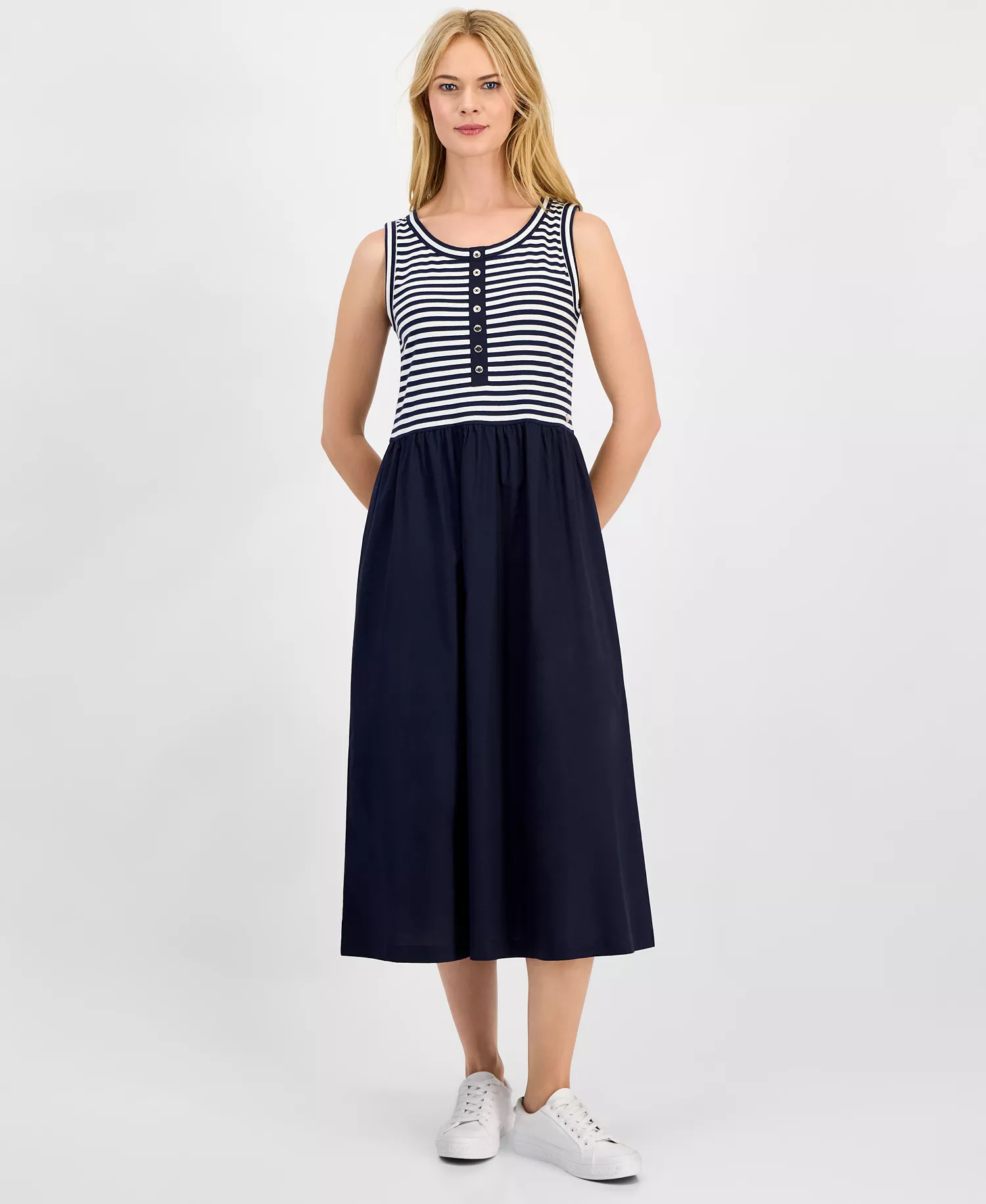 Women's Striped Mixed Media Dress - Night Sky/ Bright White - L