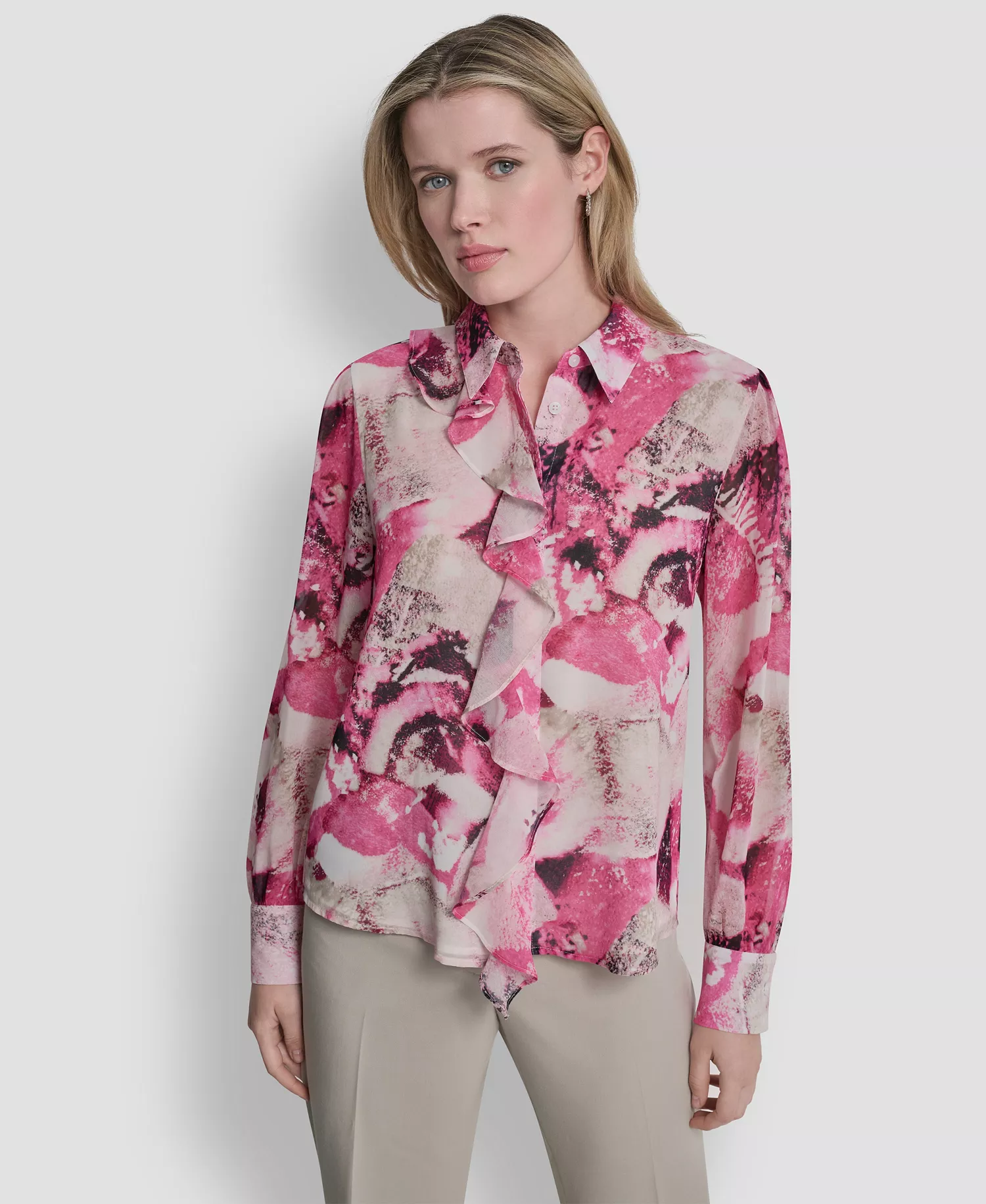 Women's Collared Long-Sleeve Ruffle Detail Shirt - Hot Pink/Pebble Multi - L