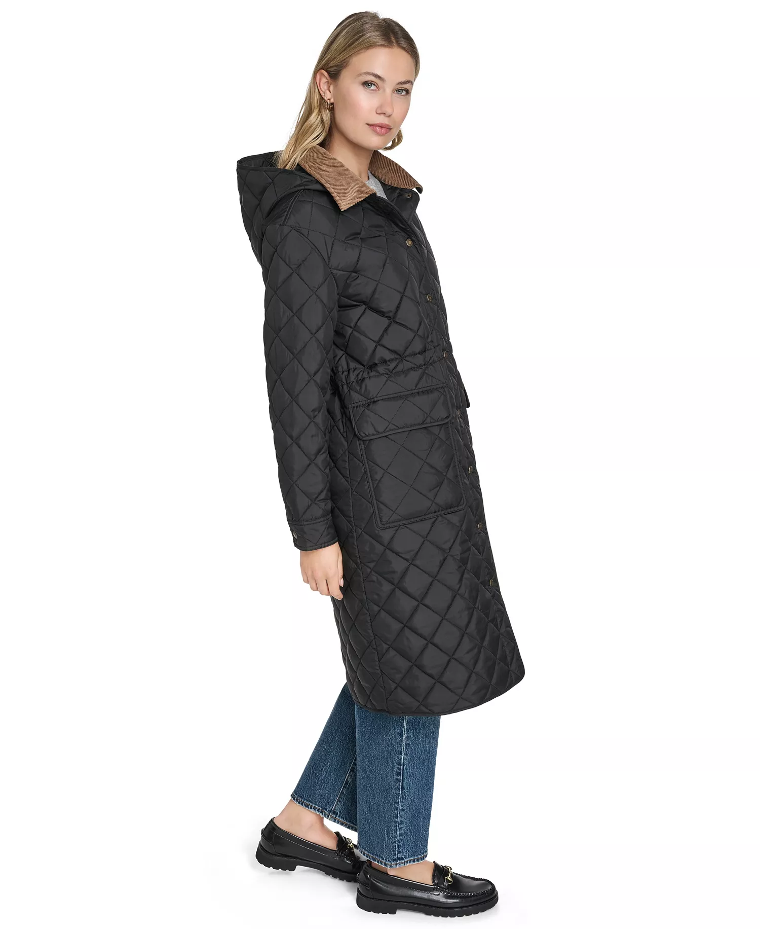 Women's Regular Diamond Quilted Cinch Waist Coat - Black - L