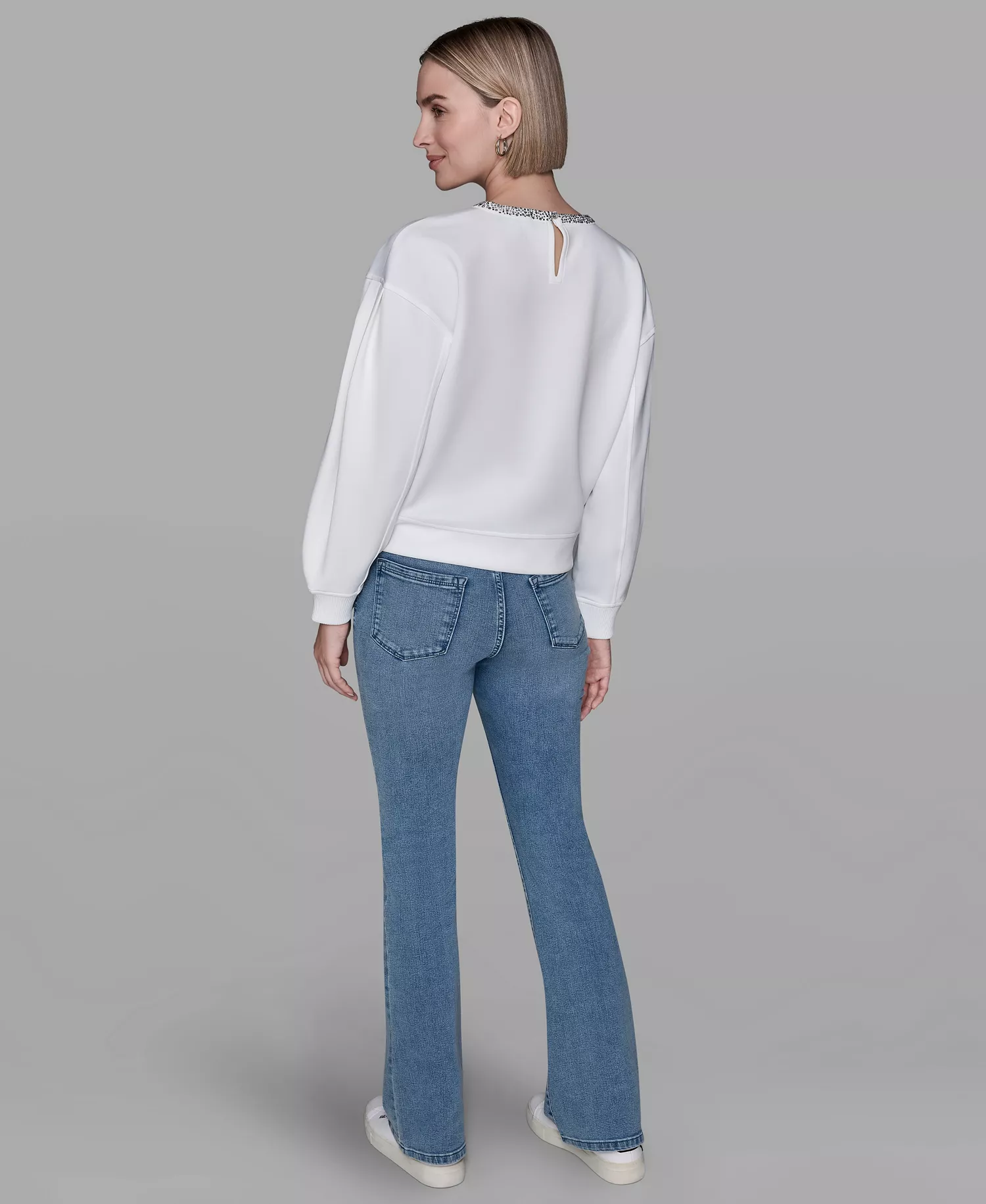 Women's Crewneck Crystal Neck Top - Soft White - L