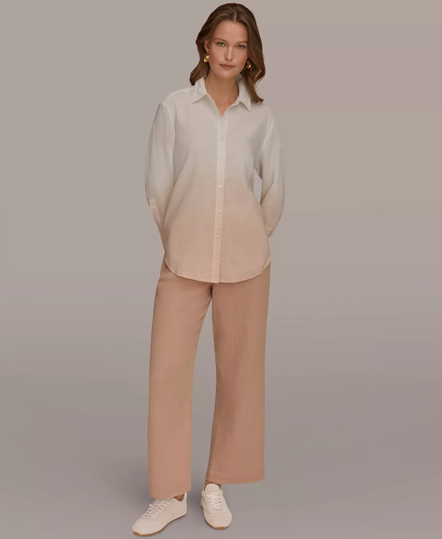 Women's Linen Dip Dye Long-Sleeve Button-Front Shirt - Snow Petal Dip Dye - L