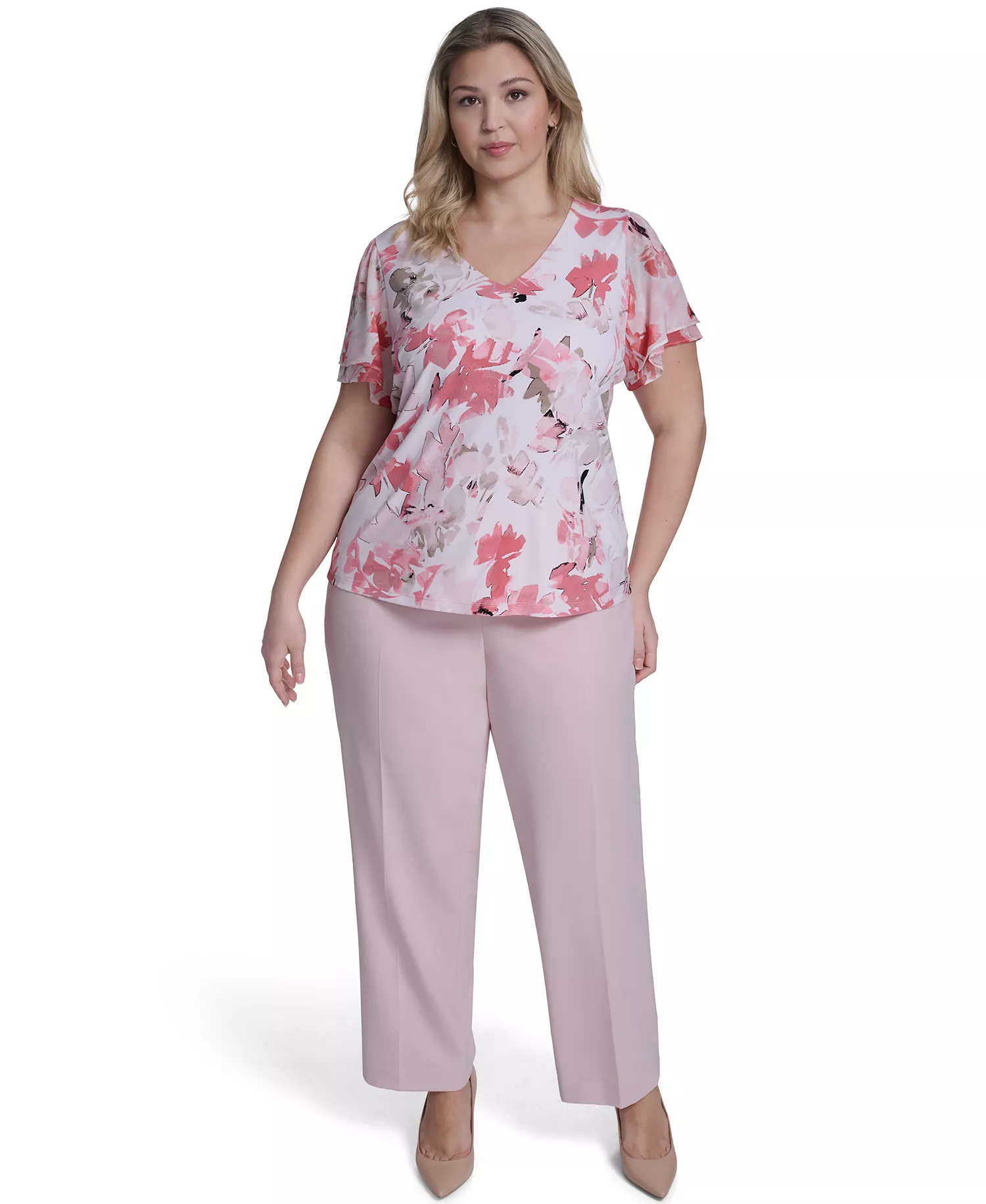 Plus Size Printed V-Neck Short-Sleeve Top - Petal/Latte Multi - 1X