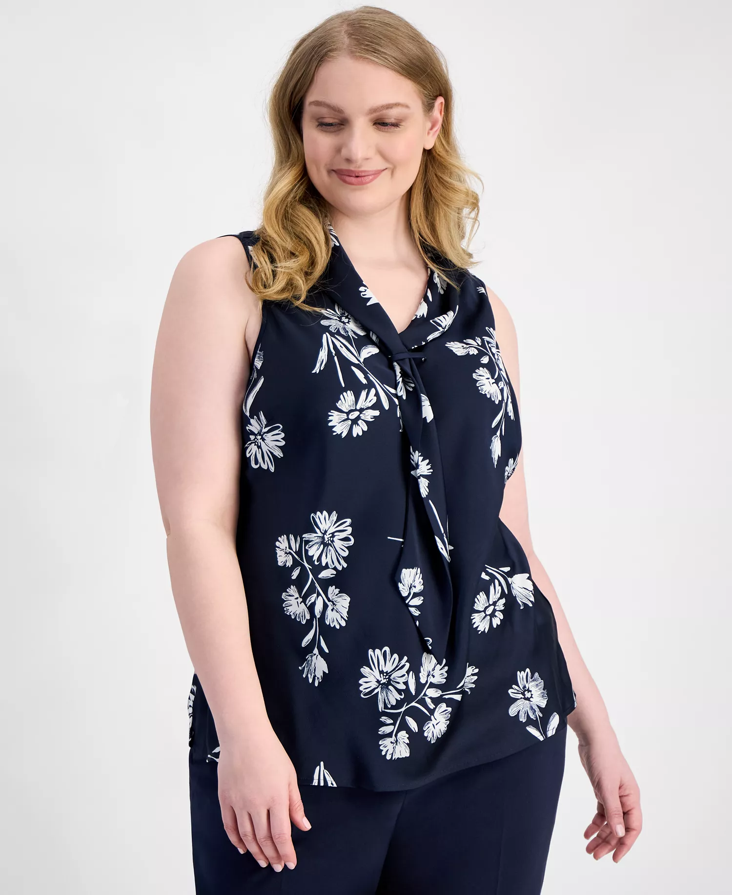 Plus Size Sailor Tie-Neck Sleeveless Blouse - Navy Ivory - 1X