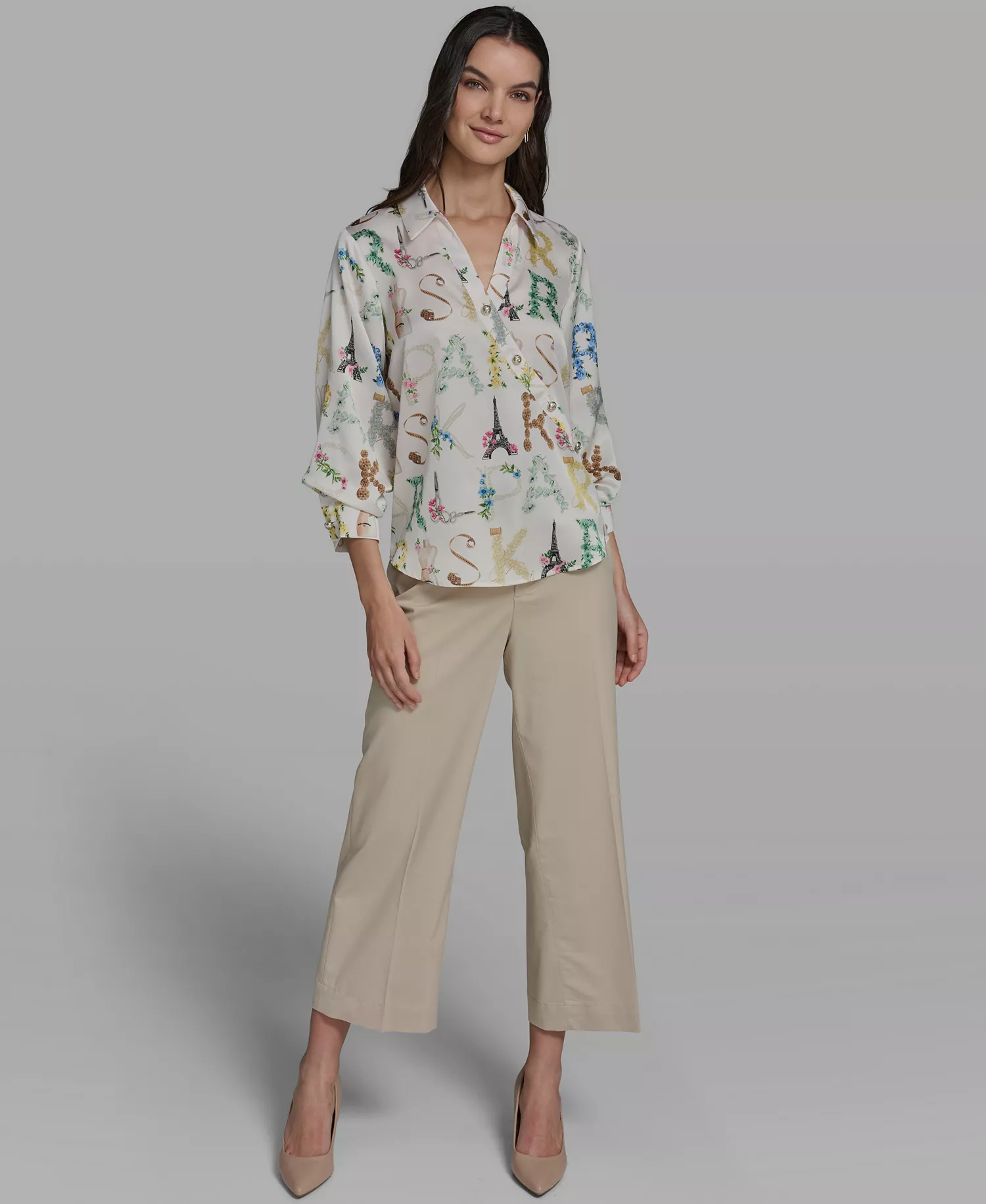 Women's V-Neck Allover Print 3/4-Sleeve Top - Bisque/panna Cotta Multi - L