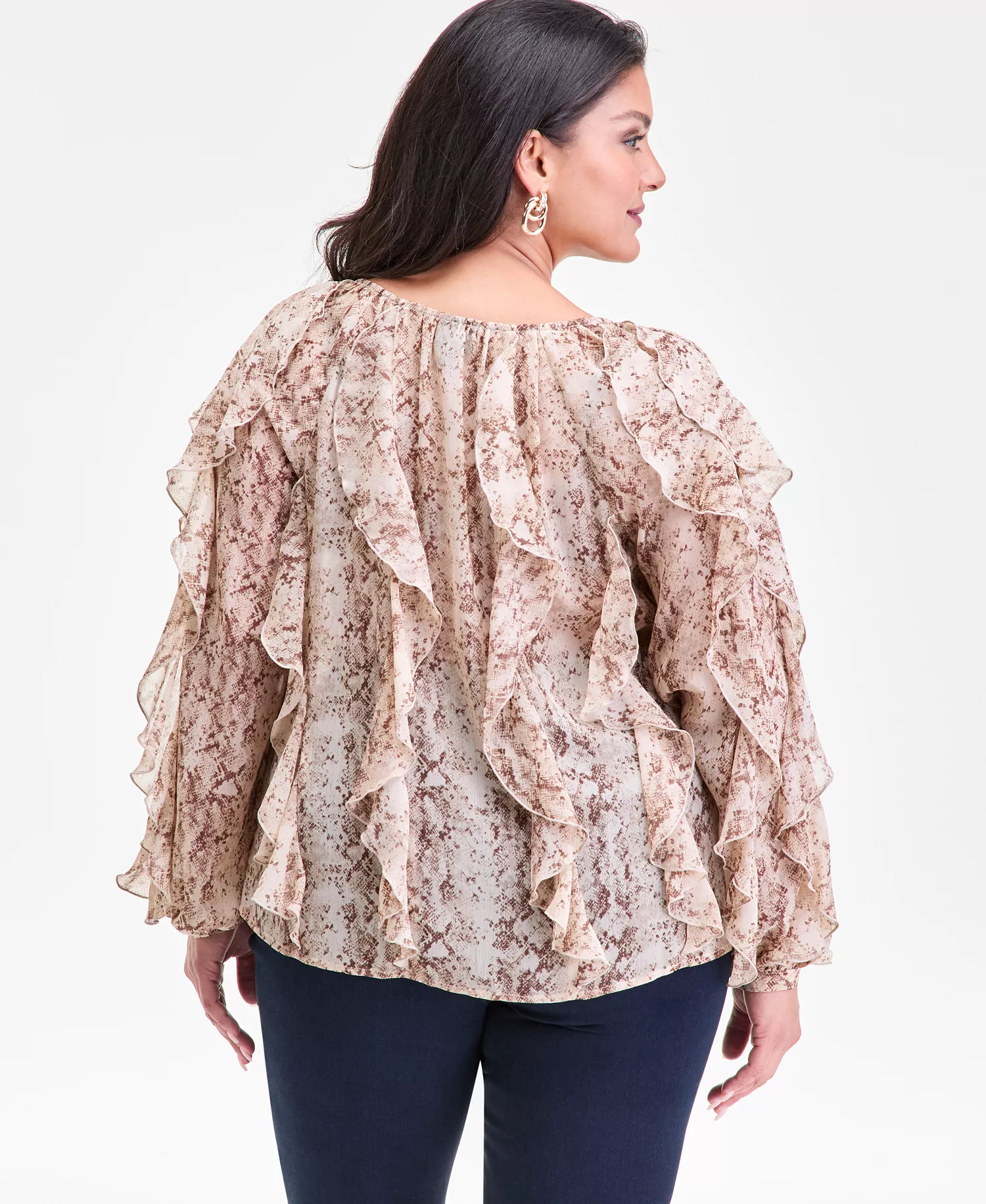 Plus Size Printed Long-Sleeve Ruffled Blouse, Macy's Exclusive  - Mia Snake - 0X