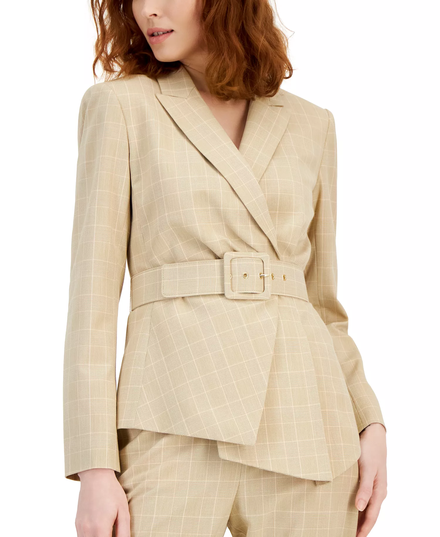 Women's Asymmetrical-Hem Windowpane Belted Blazer - Sand/salmon - 12