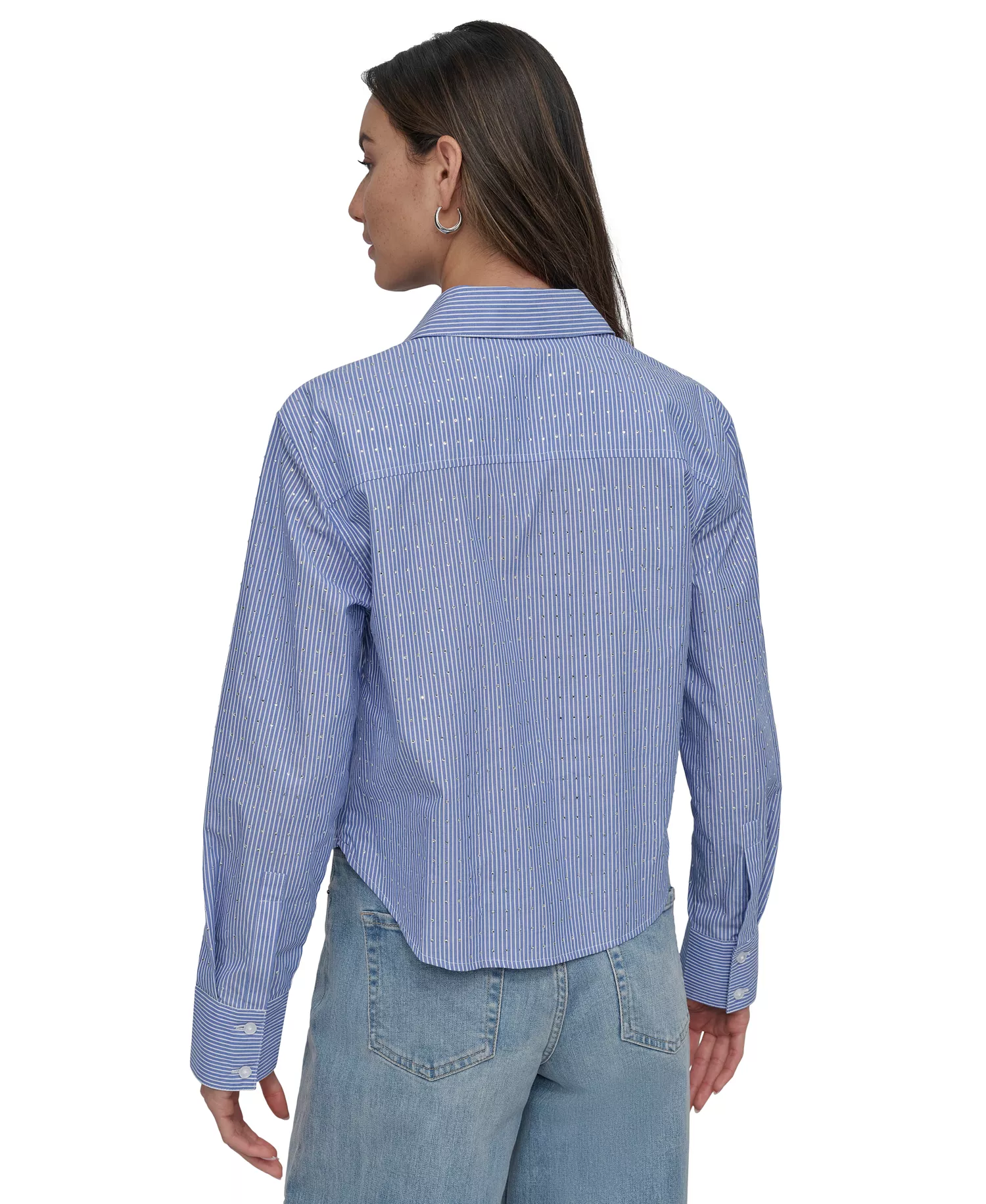 Women's Striped Poplin Studded Rhinestone Cotton Long-Sleeve Button-Front Shirt	  - Blue Bell Combo - L