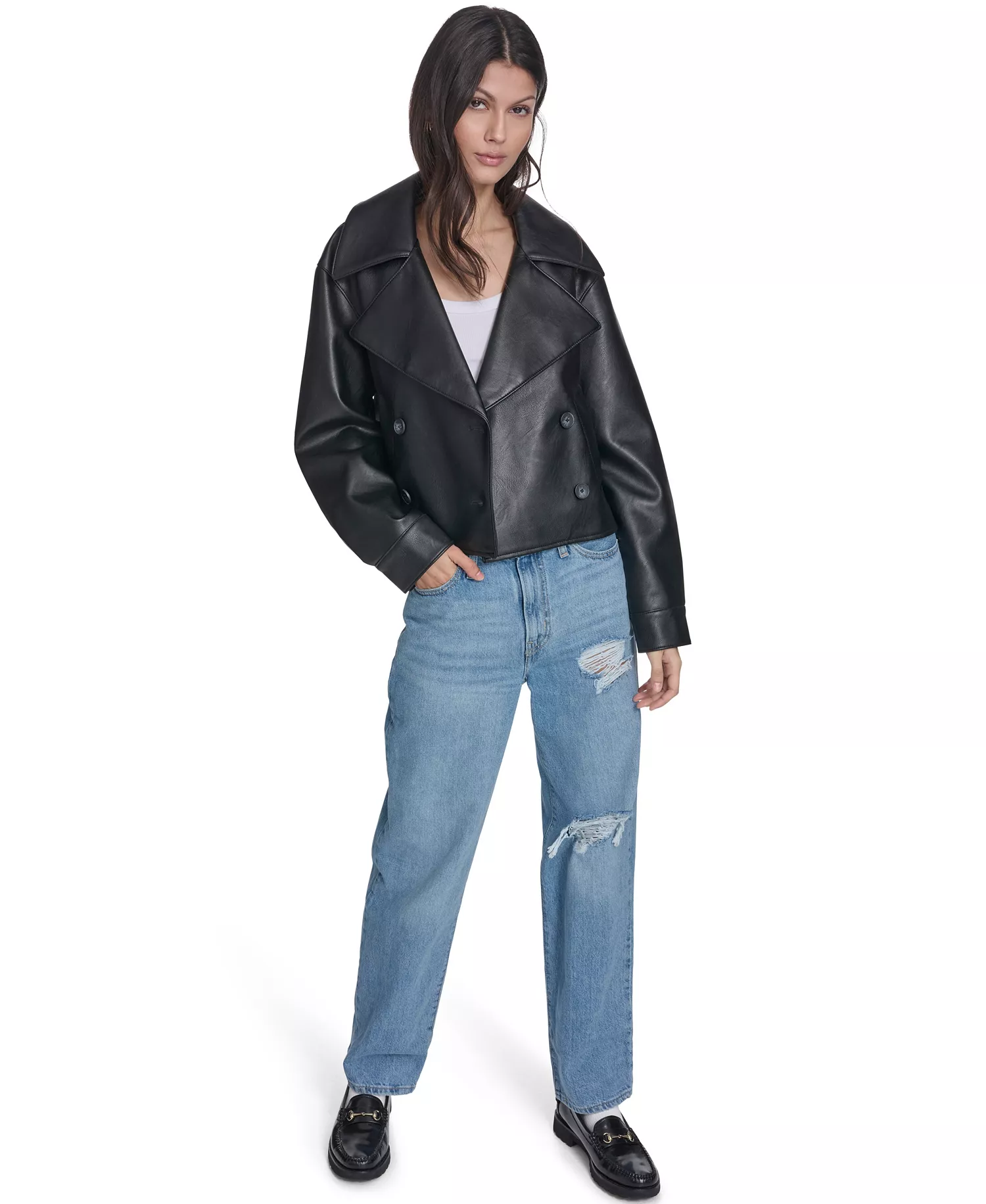 Women's Spread Collar Button-Front Jacket - Black - L