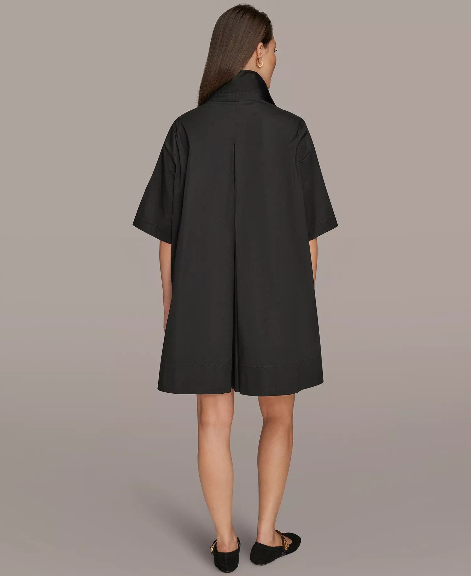 Women's Stretch Poplin Elbow-Sleeve Hidden Placket Dress - Black - L