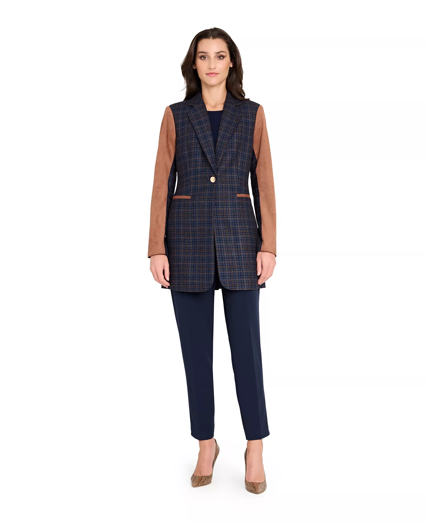 Women's Mixed Media Plaid One-Button Jacket - Navy/tawny - 16