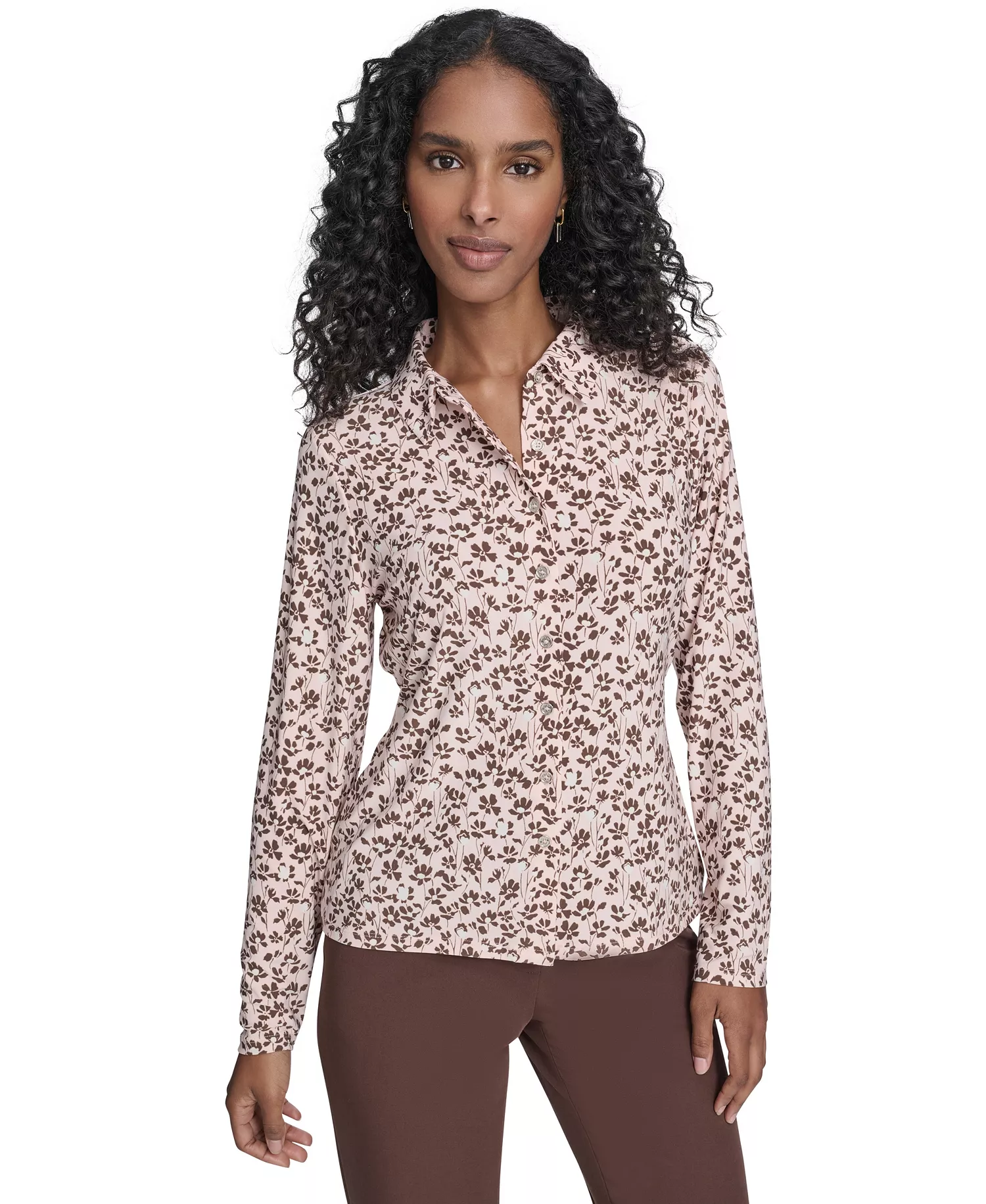Women's Blossom Floral Knit Button Up Top - Evening Sand Multi - L