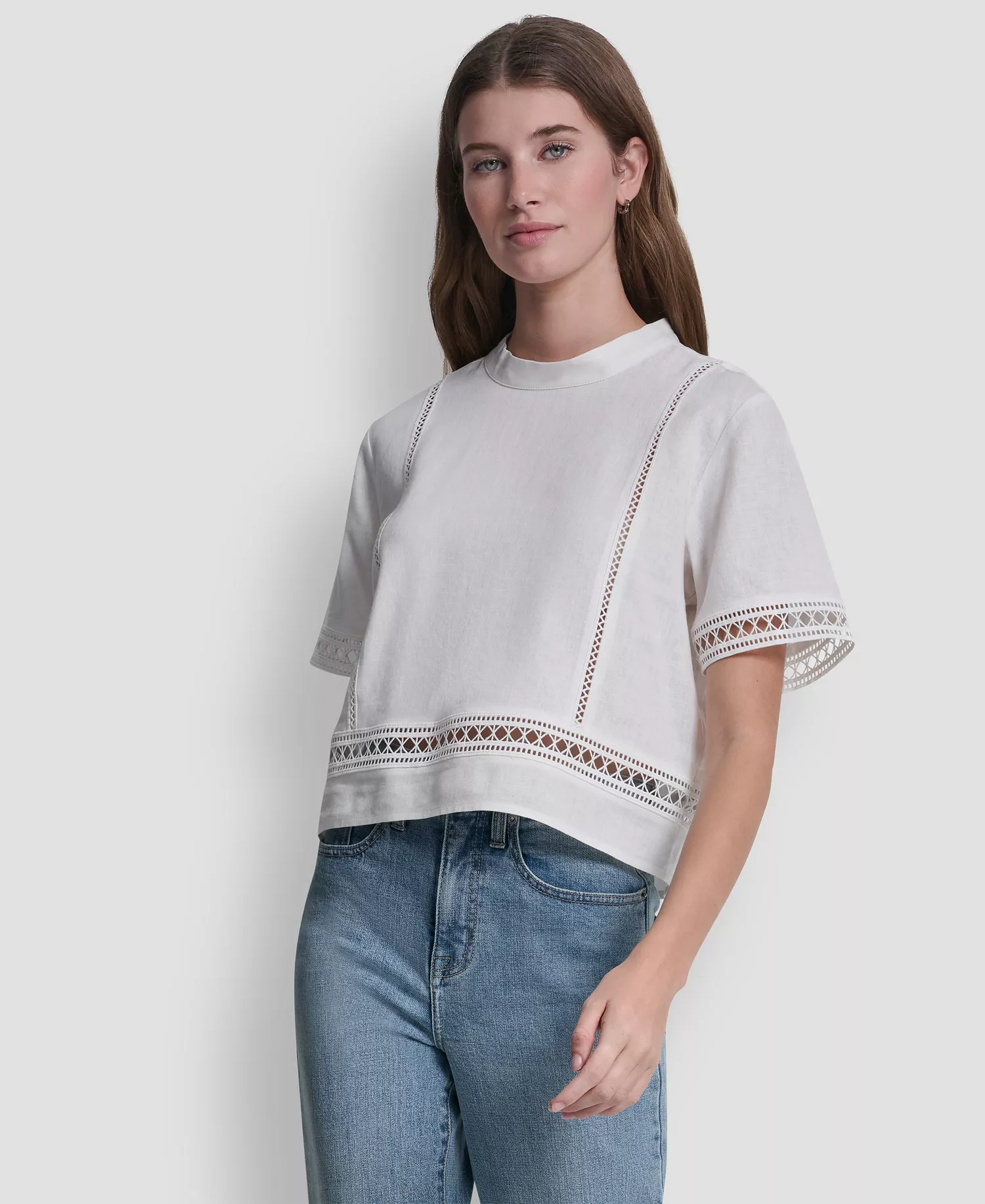 Women's Crewneck Linen-Blend Short-Sleeve Top - Ivory - L