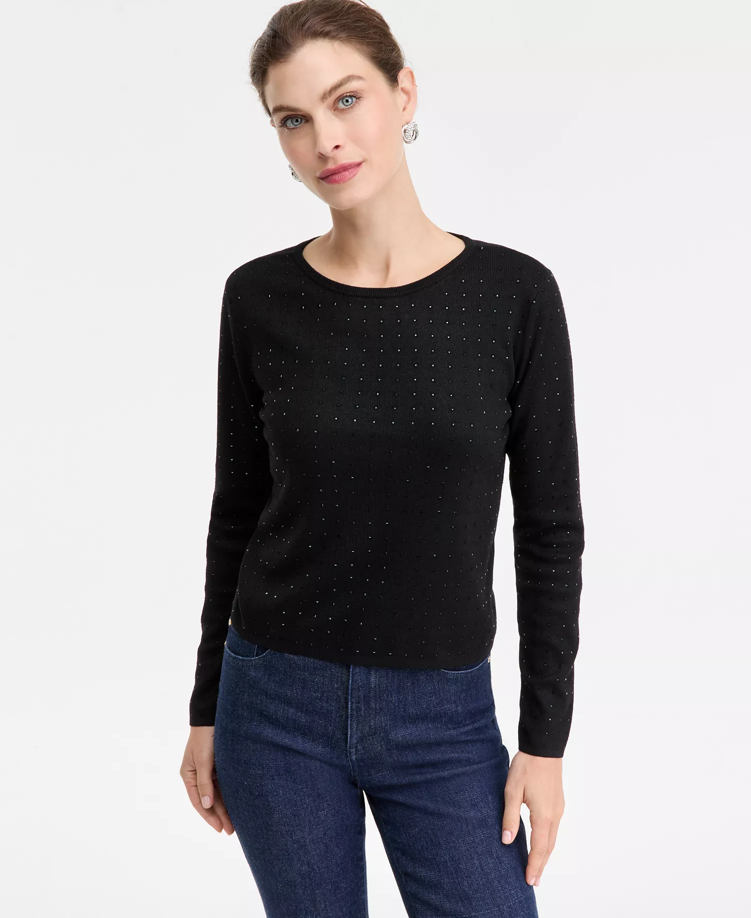Women's Rhinestone Scoop-Neck Sweater, Macy's Exclusive - Deep Black - L