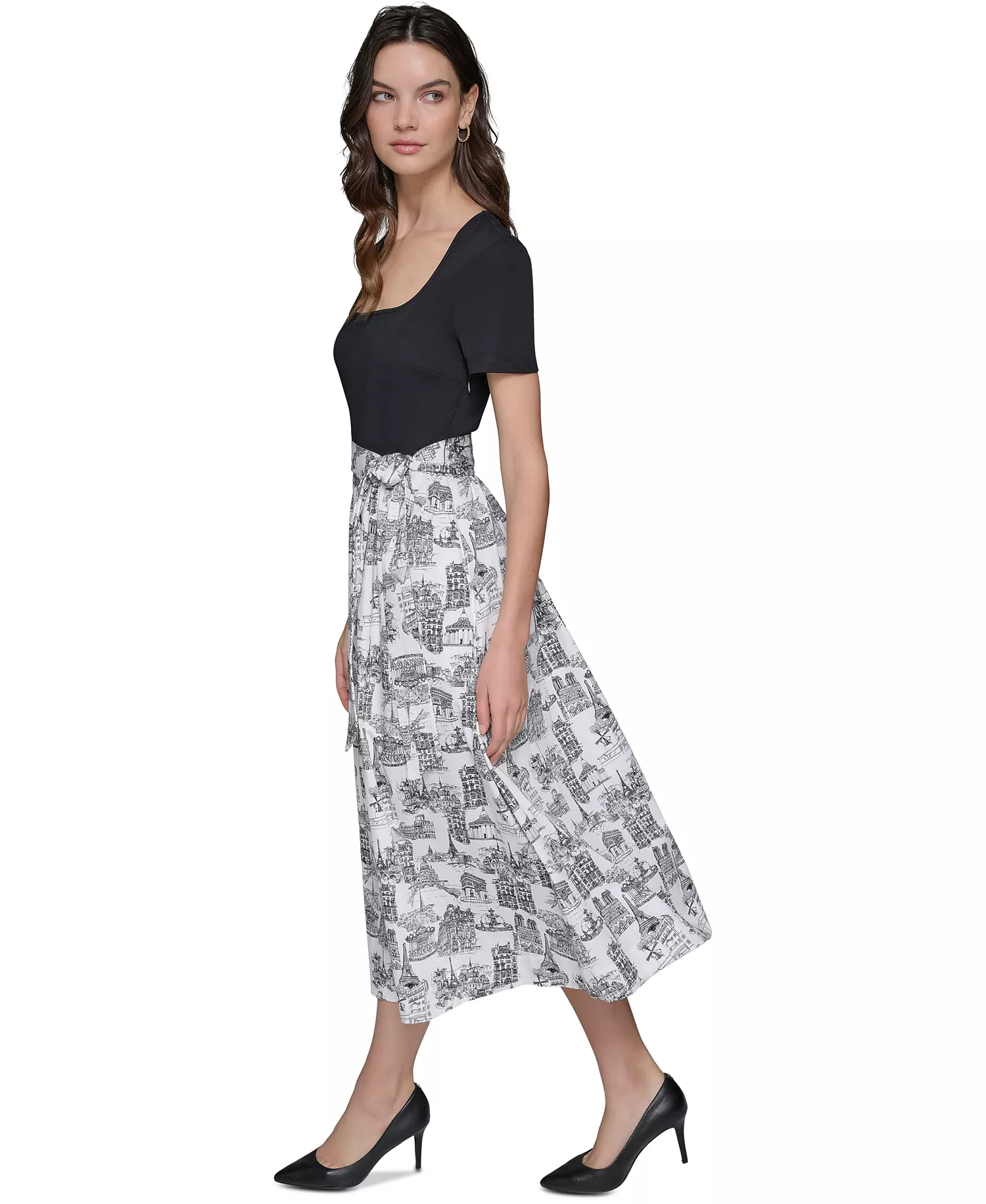 Women's Mixed-Media Short-Sleeve Midi Dress - Blk/sft White Combo - 10