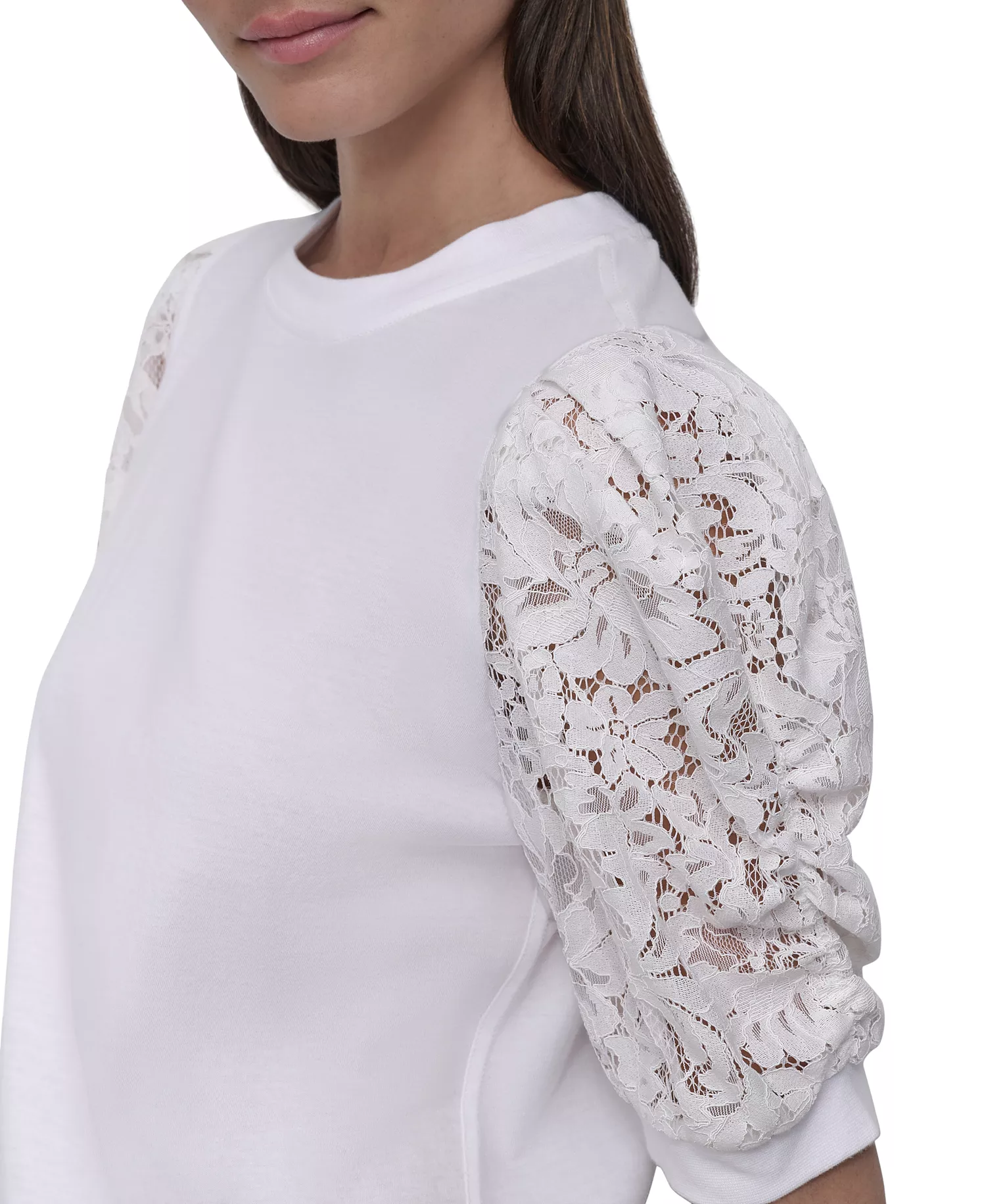 Women's Mixed Media Lace-Sleeve Top - IVY - IVORY - L