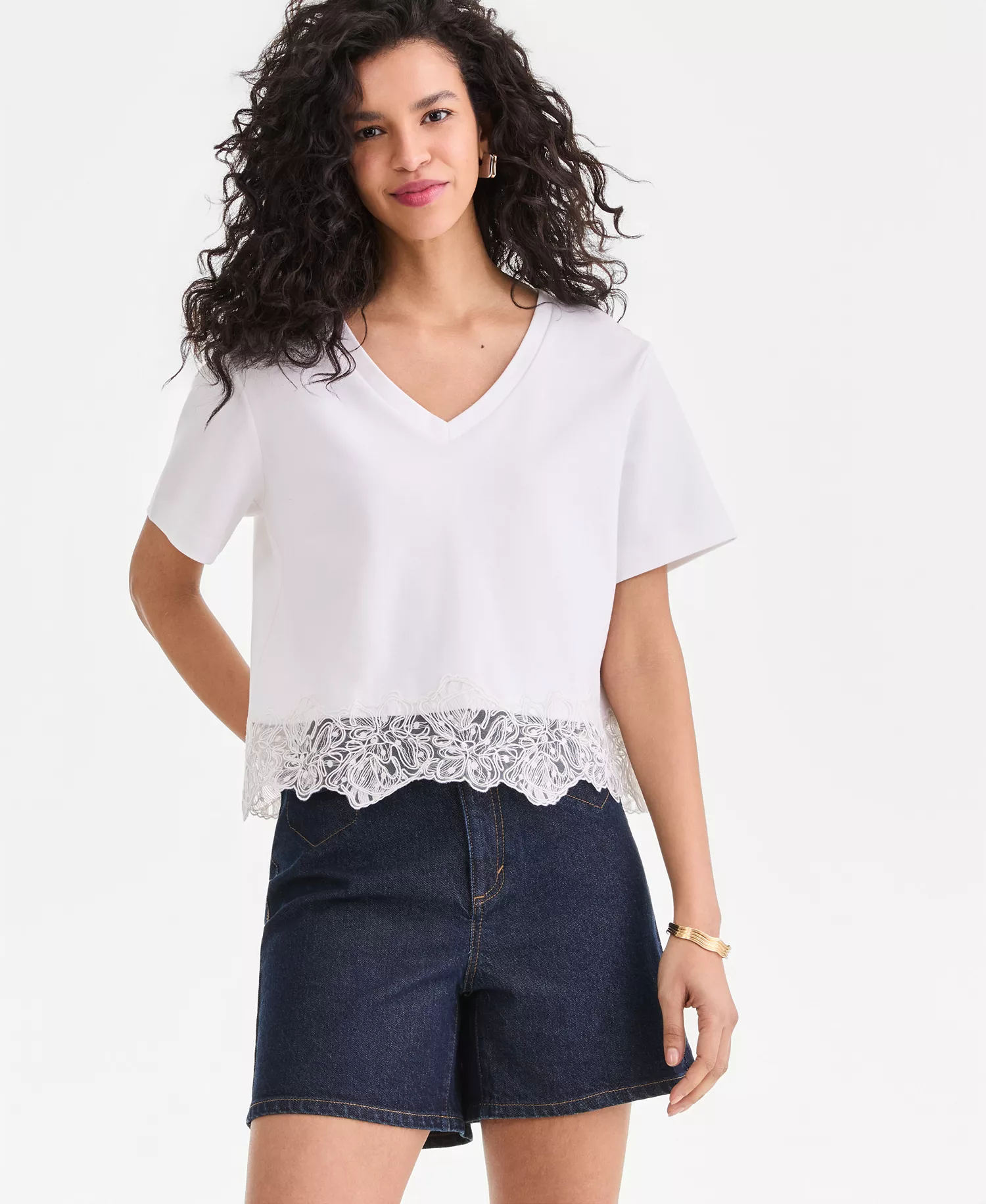 Women's Lace-Trim Short Sleeve T-Shirt, Macy's Exclusive - Bright White - L