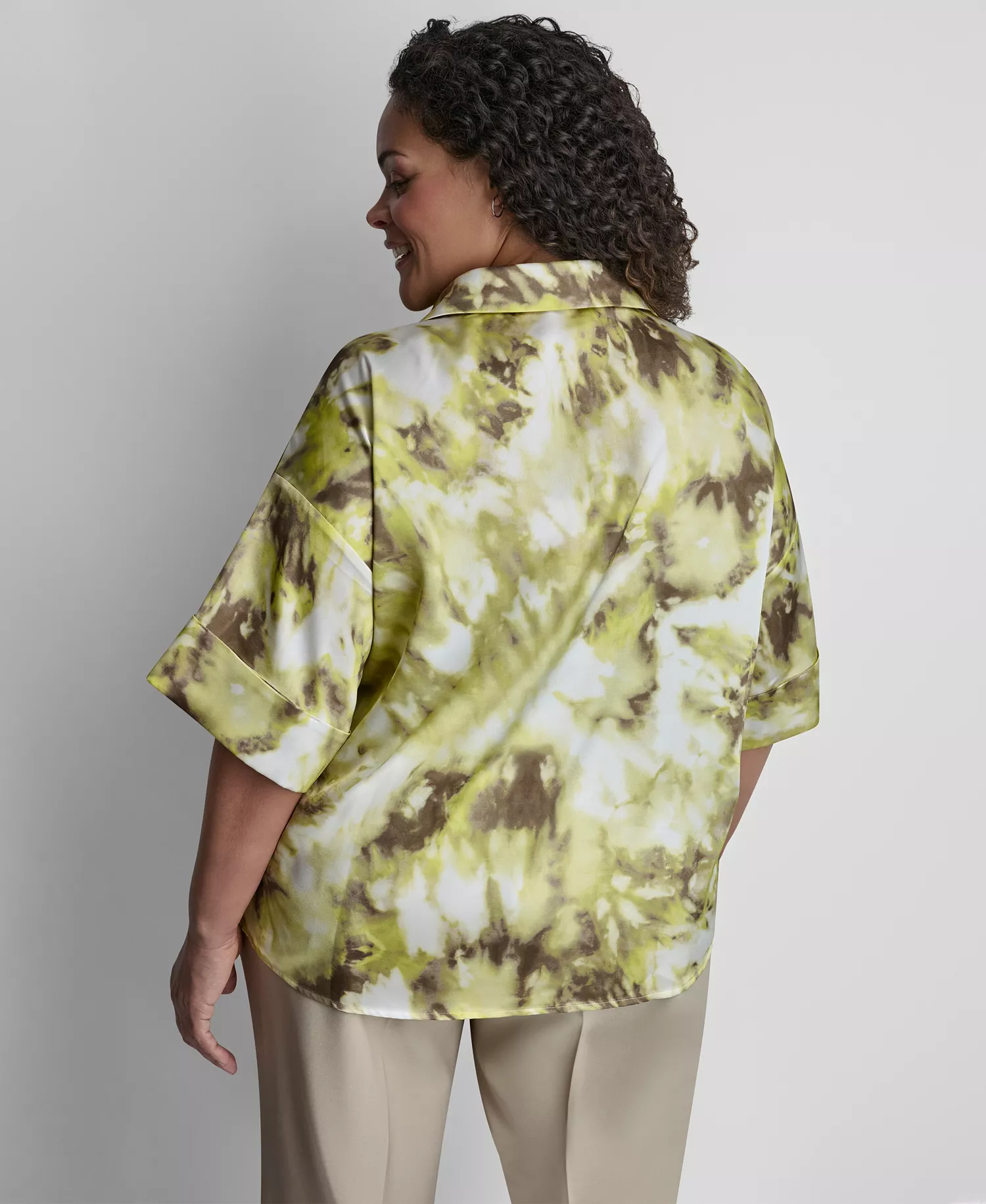 Plus Size Collared Neck Satin Top - Sage/Lime Green - 1X