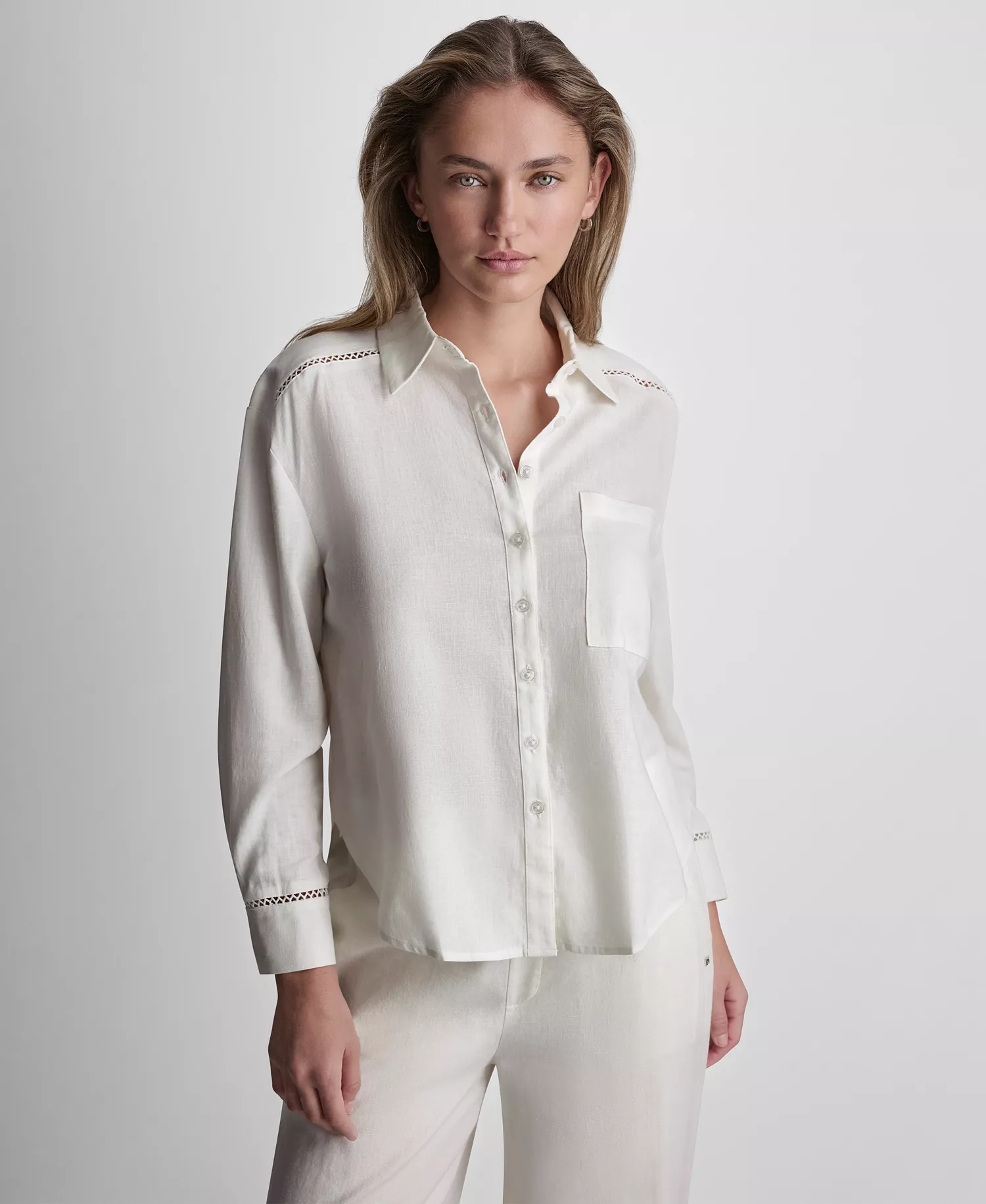 Petite Linen-Blend Long-Sleeve Button-Front Shirt - Ivory - PL
