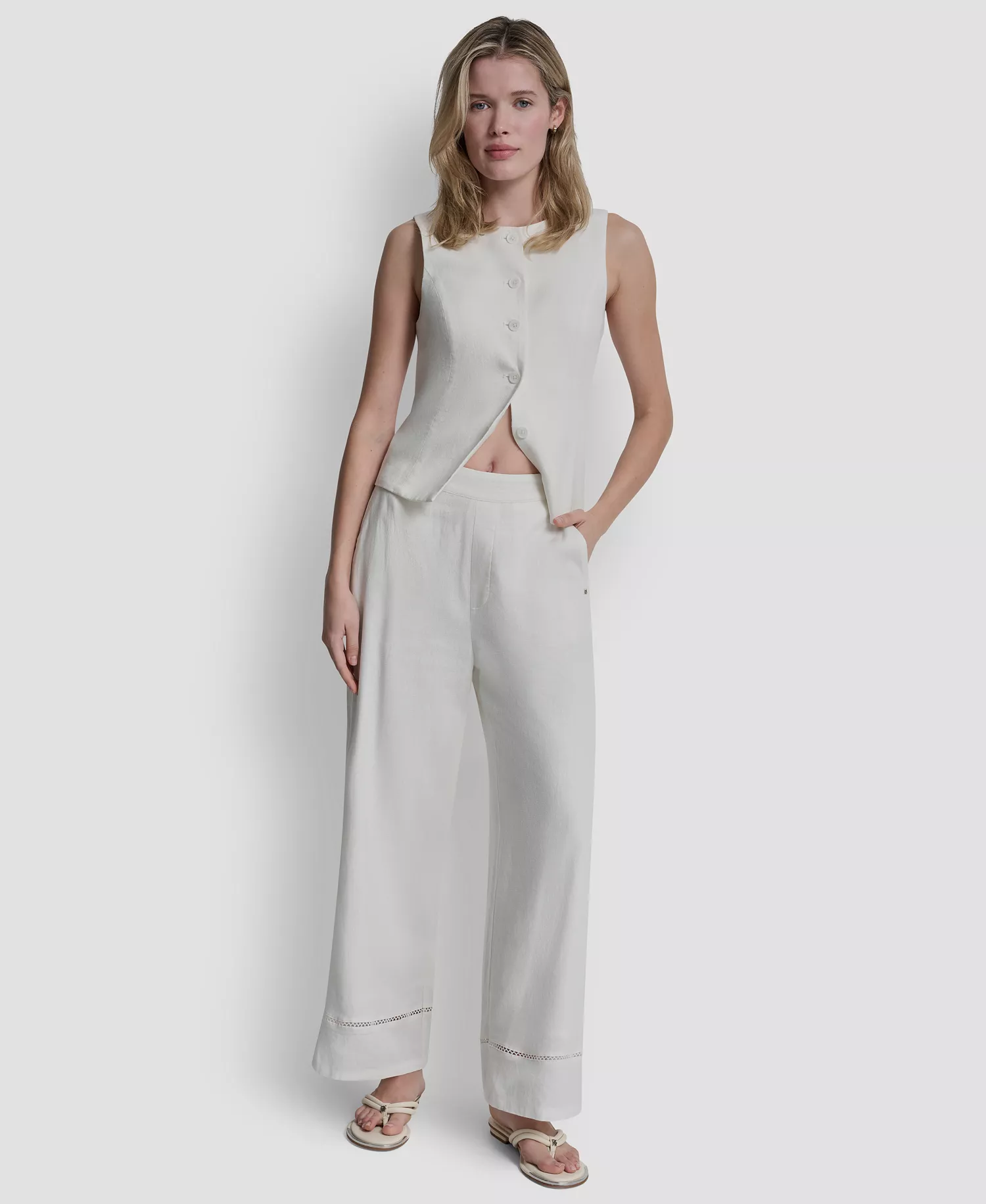 Petite Linen-Blend High-Rise Pull-On Wide-Leg Pants - Ivory - PL