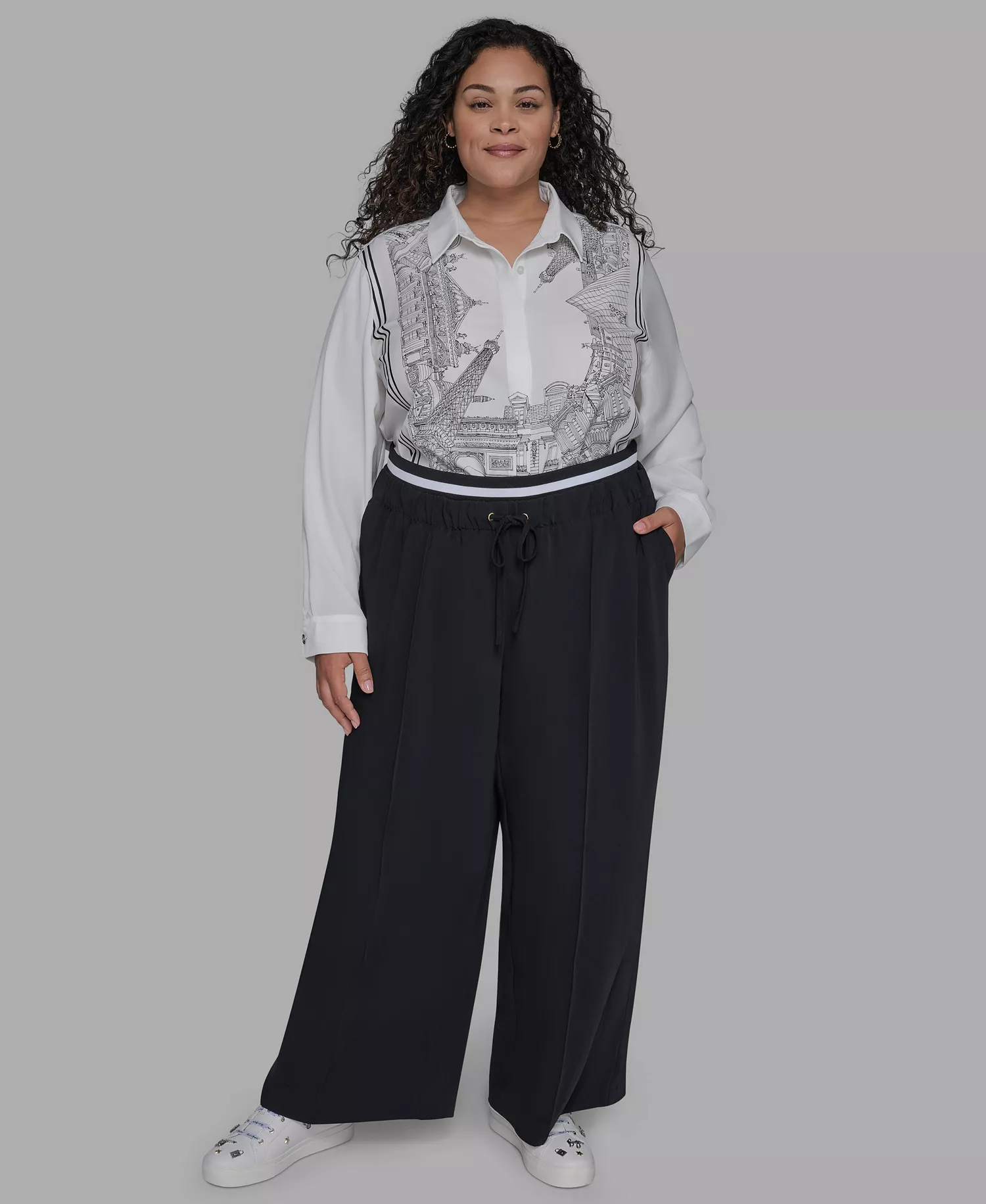 Plus Size Double Waistband Long Casual Pants - Black - 0X
