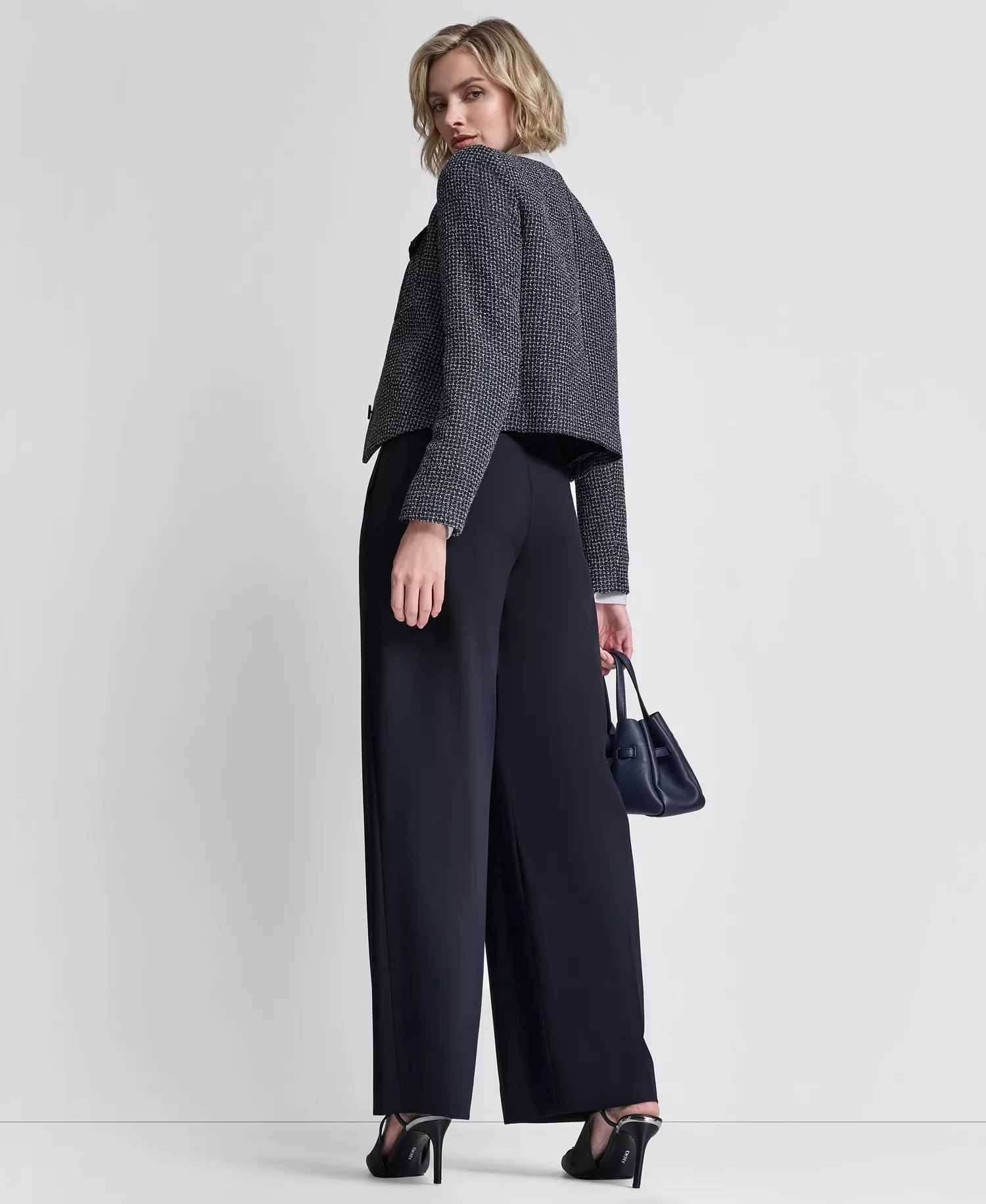Women's Collarless Cropped 4-Button Jacket - Navy Combo - 10
