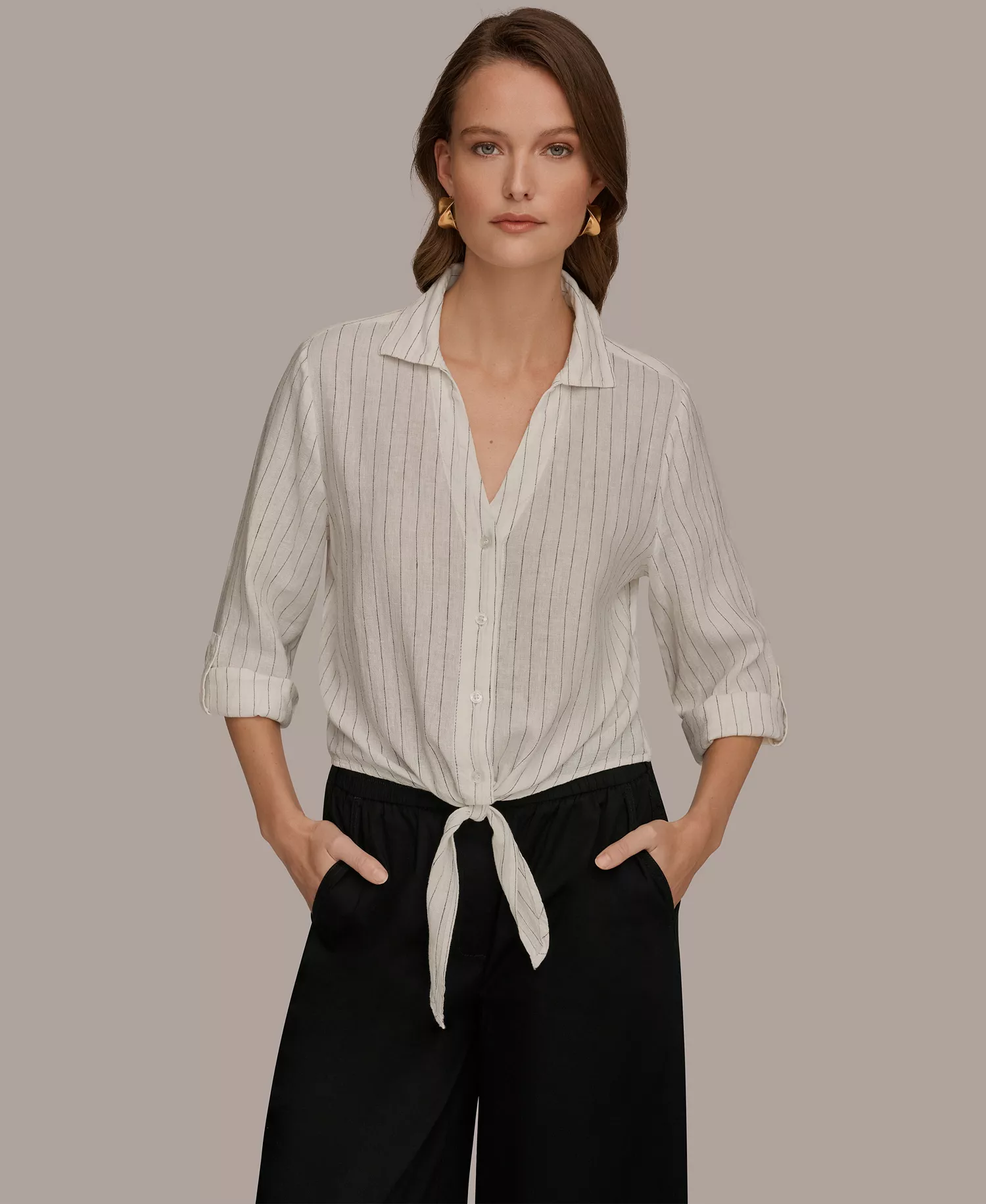 Women's Linen Button-Front Tie Blouse - Cream/Black - L