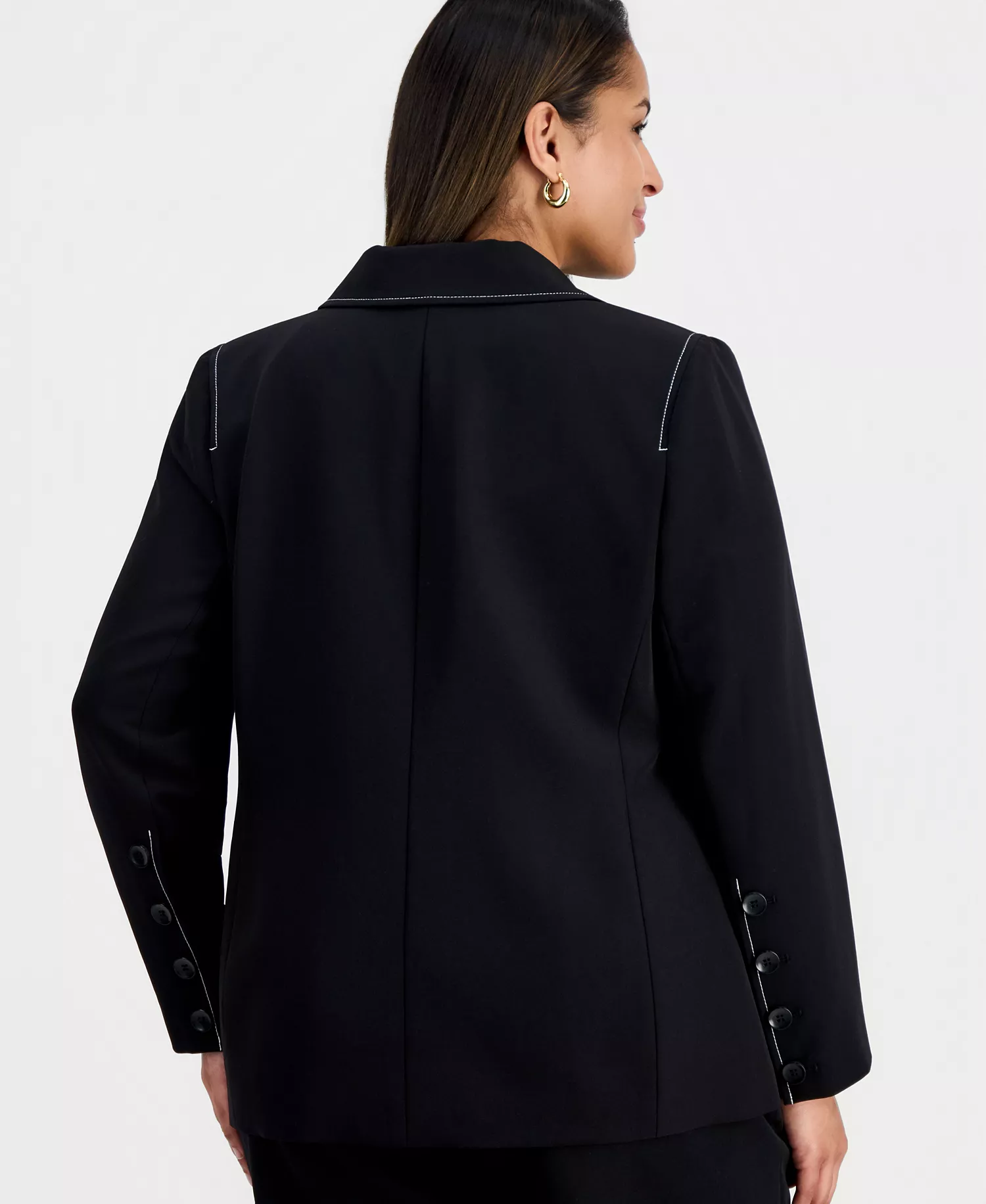 Plus Size Peak-Lapel Single-Button-Front Long-Sleeve Jacket  - Black White - 14W