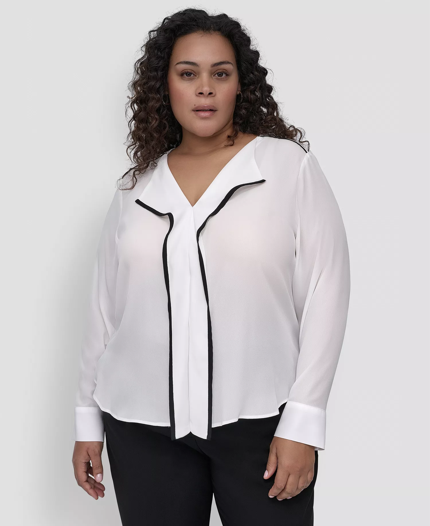 Plus Size Contrast-Trim Long-Sleeve Blouse - Linen White/Black - 1X