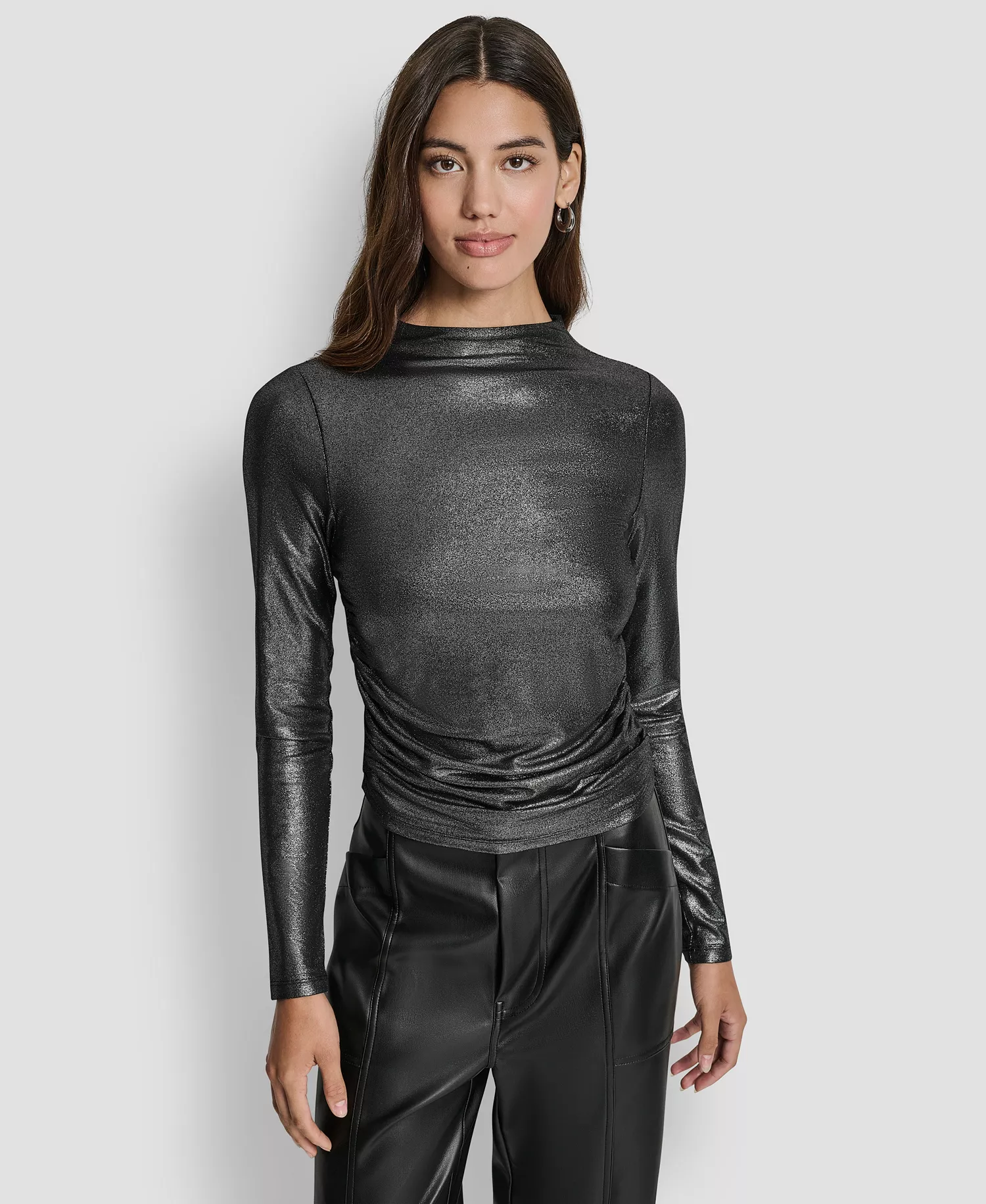 Women's Ruched Detail Long-Sleeve Top - Black/silver - L