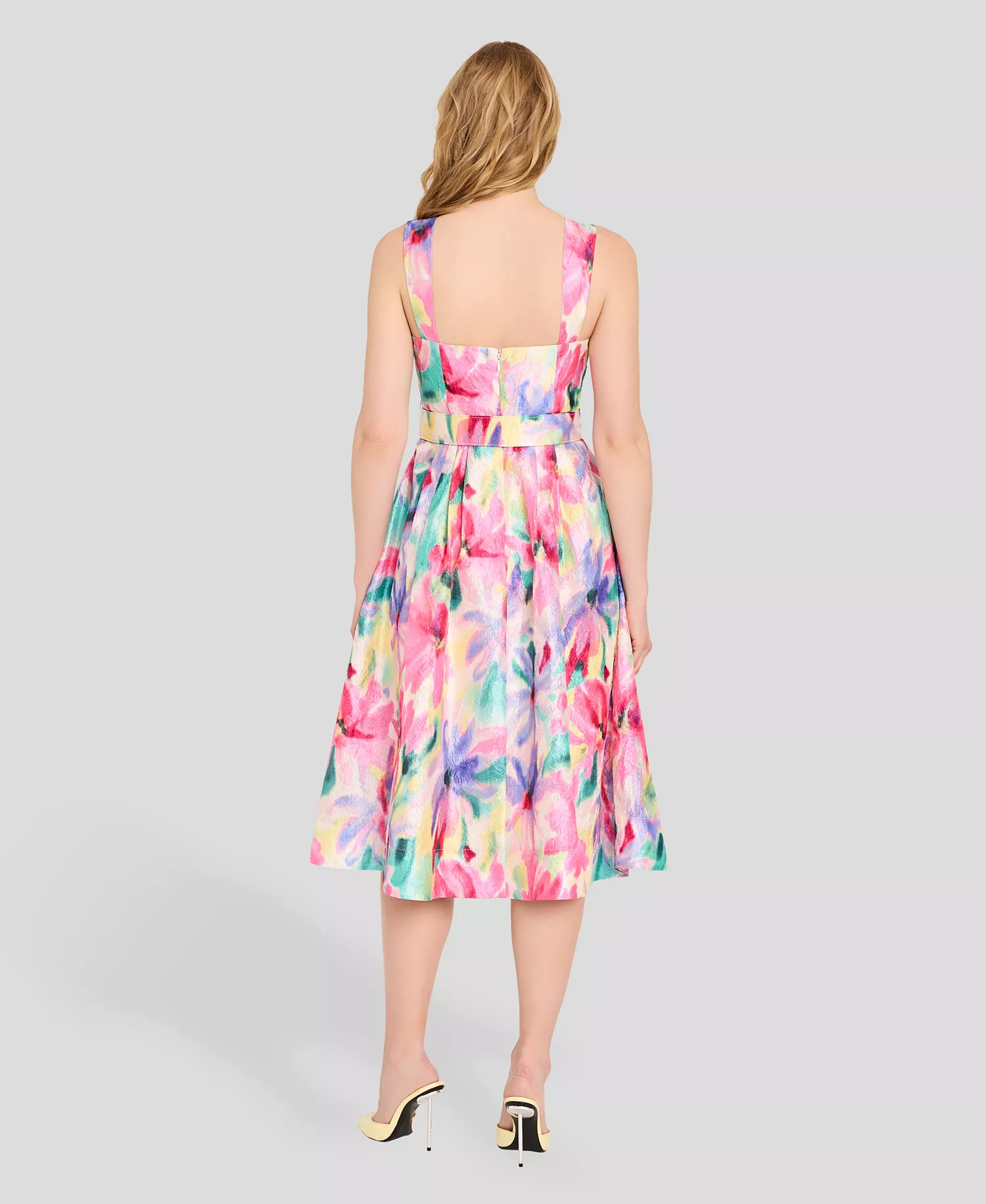 Women's Crinkle Belted Square Neck Midi Dress - Ivory Multi - 10