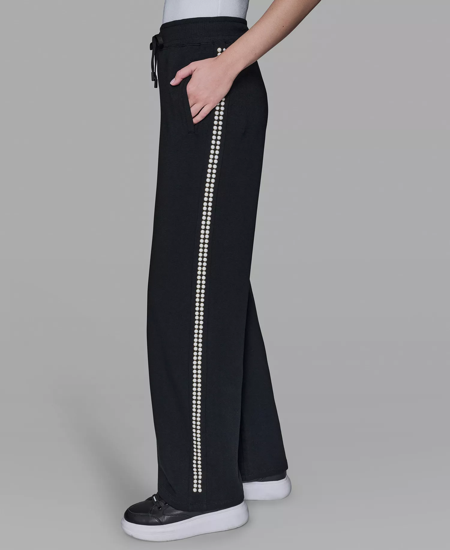 Women's Pearl Trim Mid Rise Track Pants - Black - L