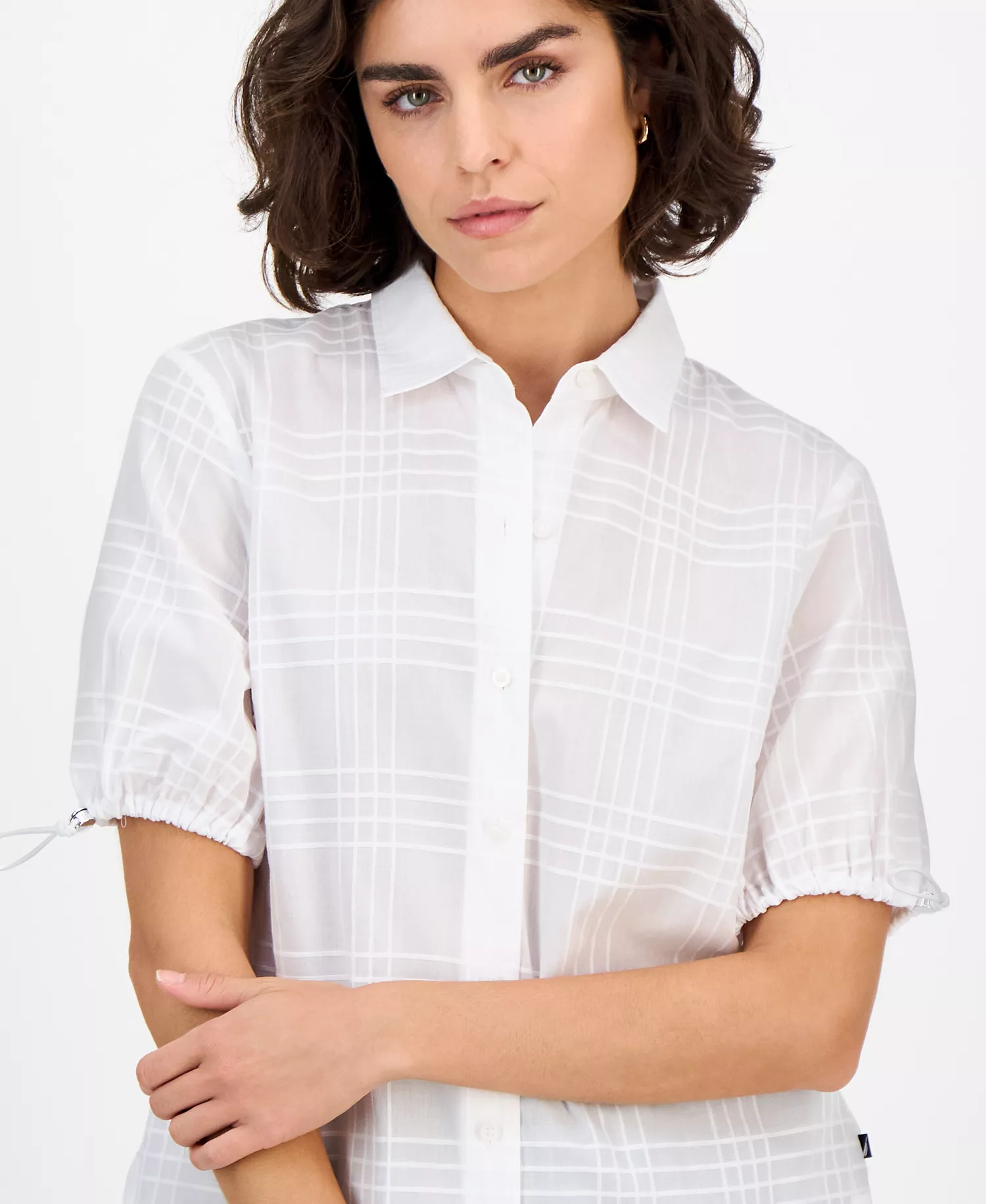 Nautica Women's Windowpane Bungee-Sleeve Camp Shirt - Bright White - L