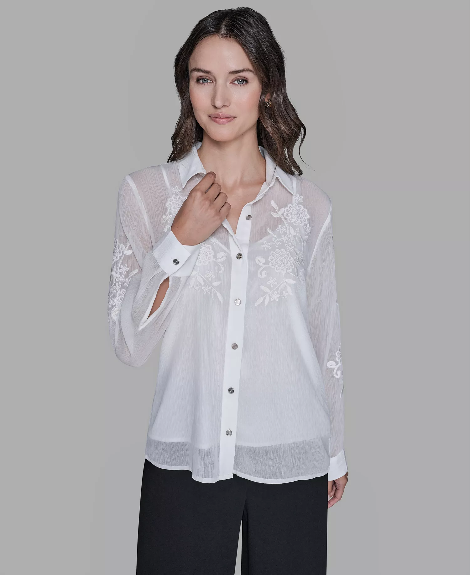 Petite Flower Button Down Shirt - Soft White - P/L