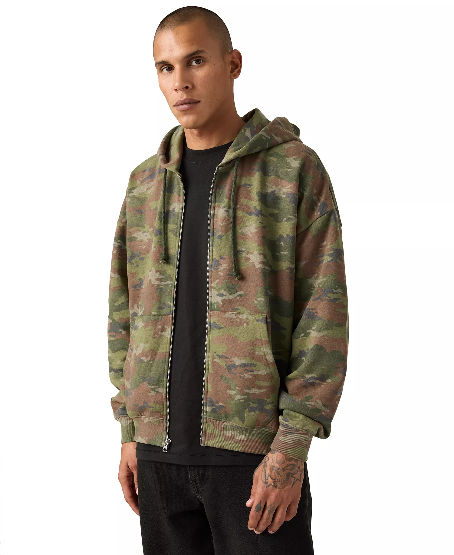Men's Relaxed-Fit Cropped Full-Zip Hoodie - Camo - 2XL