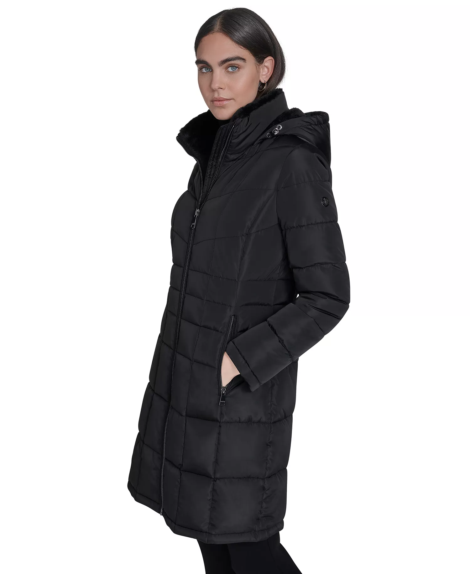 Women's Hooded Stand Collar Puffer Coat - Black - L