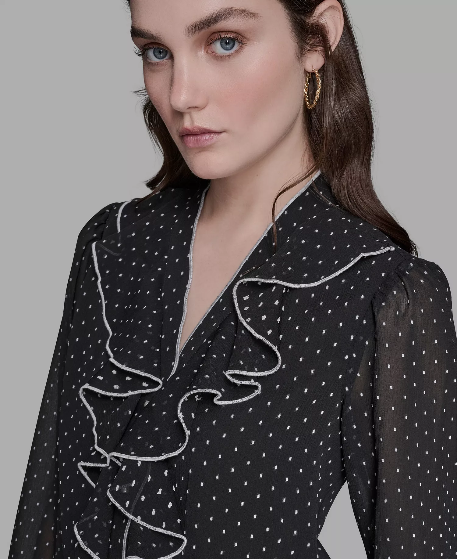 Women's Clip-Dot Ruffled Blouse Top - Black/soft White - L