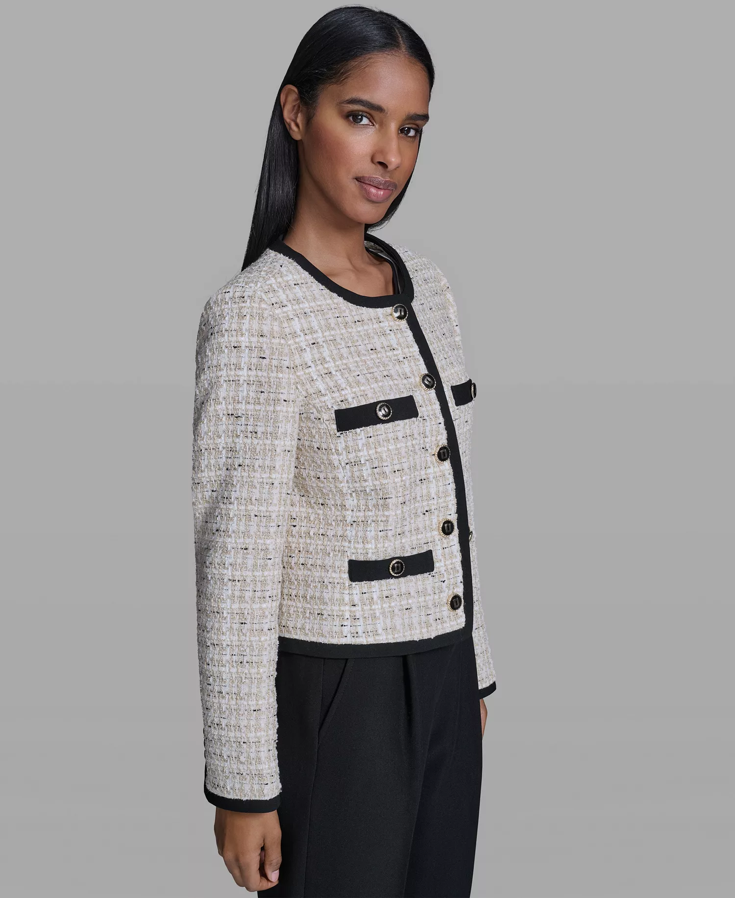 Women's Five-Button Round Neck Tweed Jacket - French Beige Multi - 0