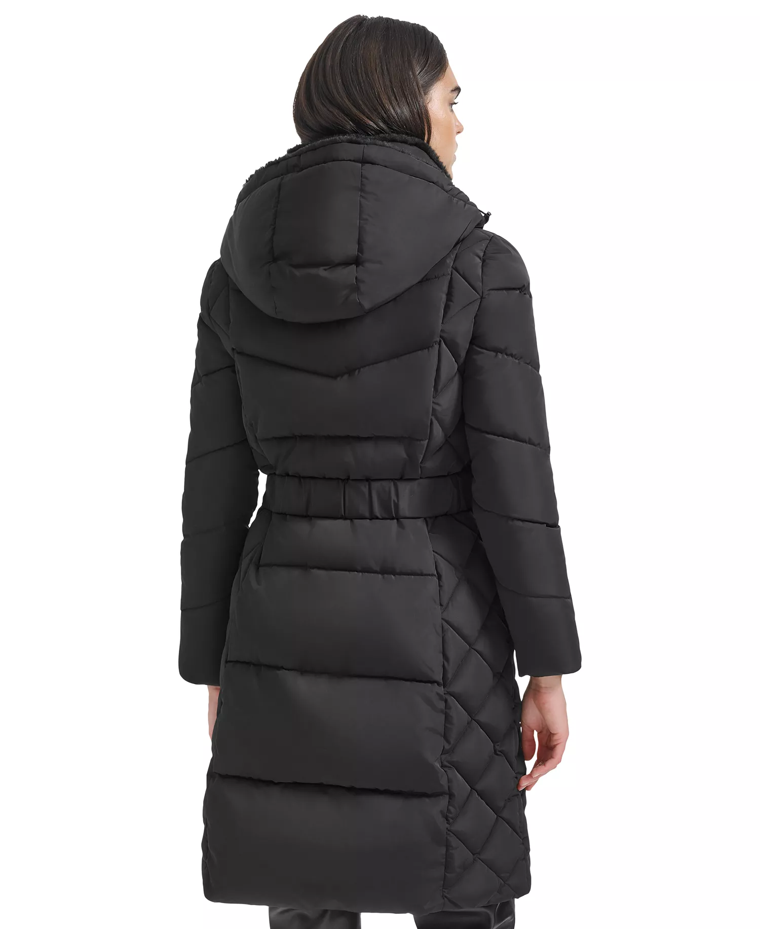 Women's Diamond Quilted Side Belted Hooded Puffer Coat - Black - XL