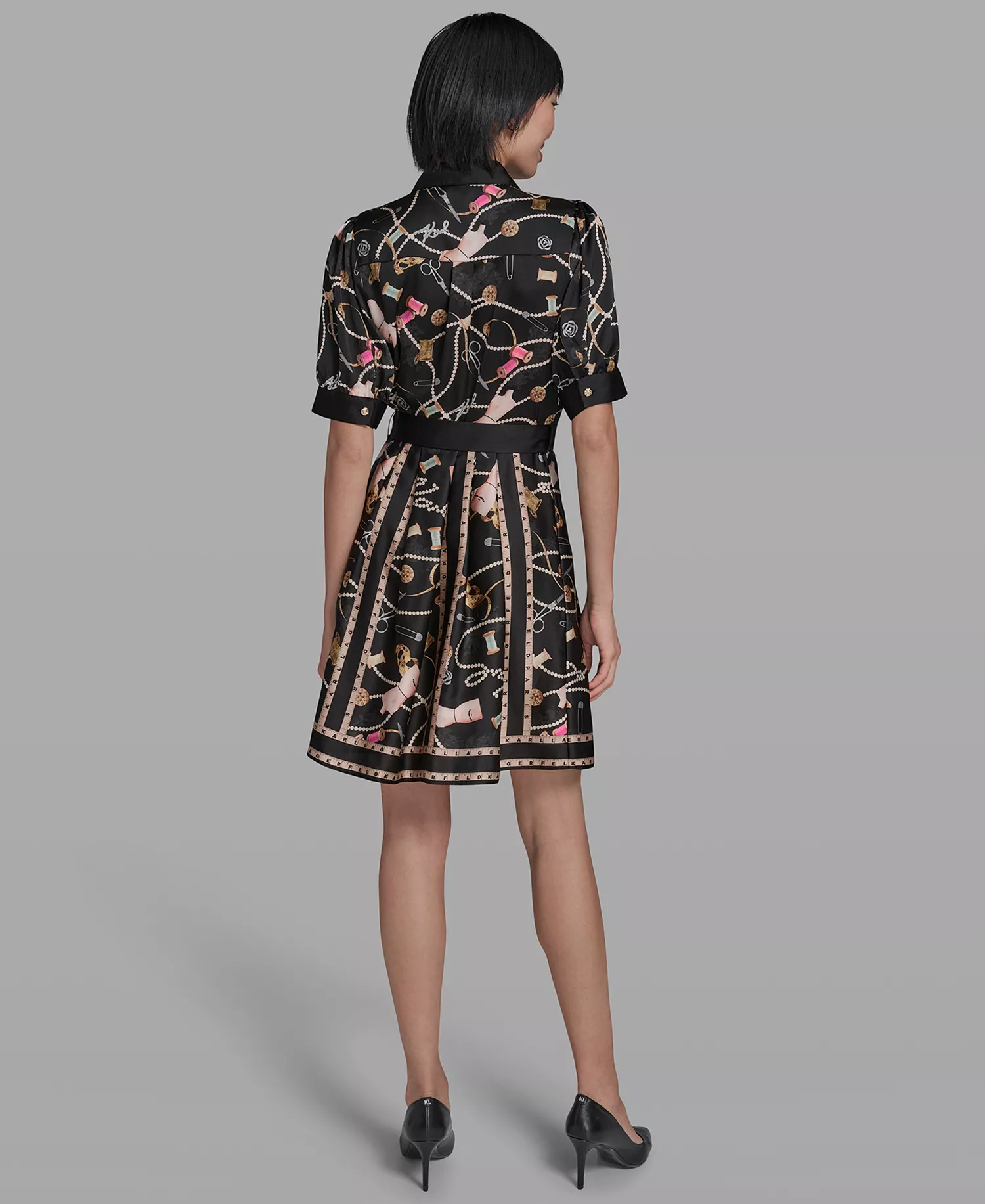 Women's Printed Collared Belt Shirt Dress - Black Combo - 0